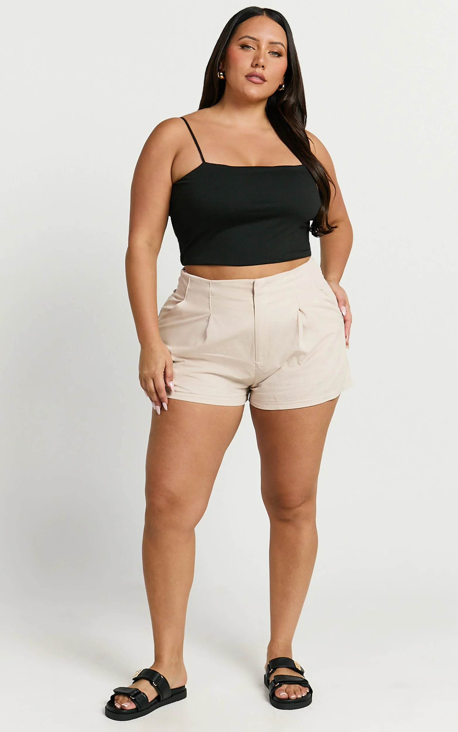 Elyssa Shorts - Pleat Detail Shorts in Beige - Image 3