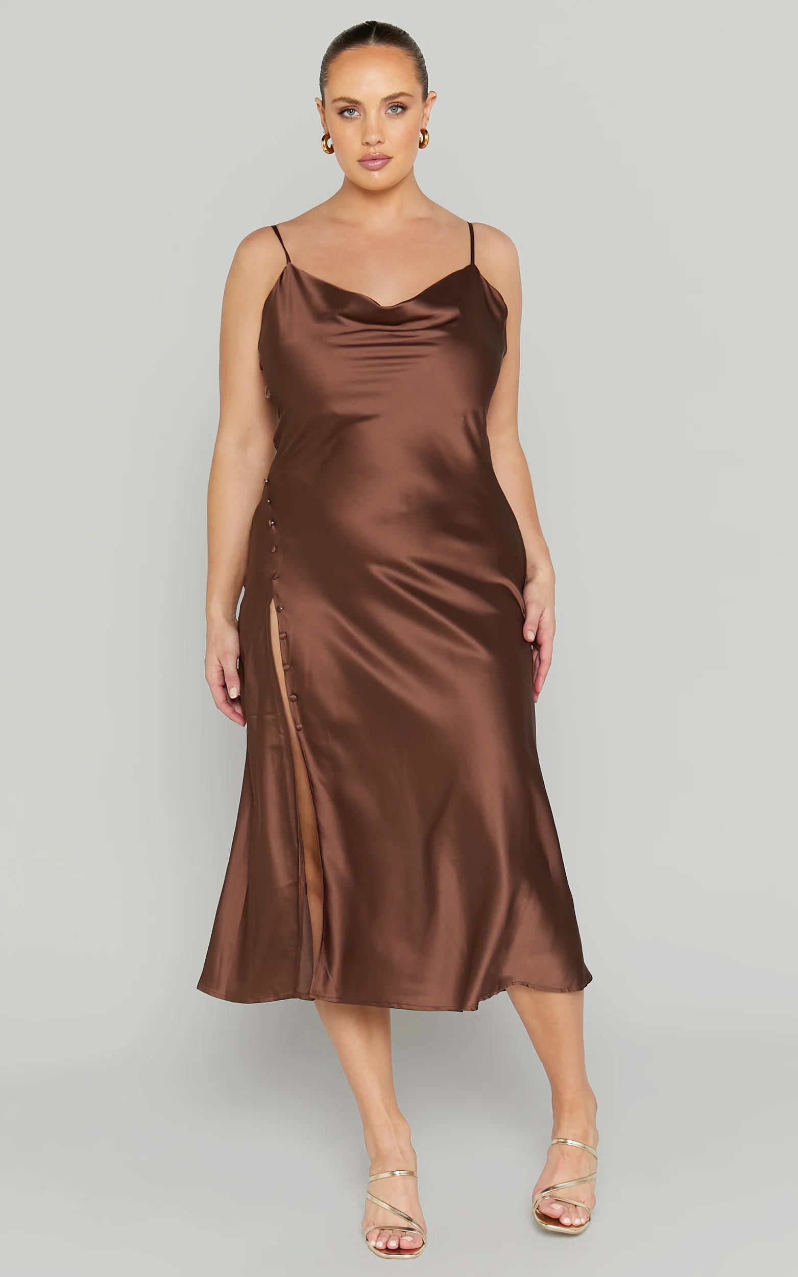 Flordeliza Midi Dress - Cowl Neck Thigh Slit Slip Dress in Chocolate - Image 4