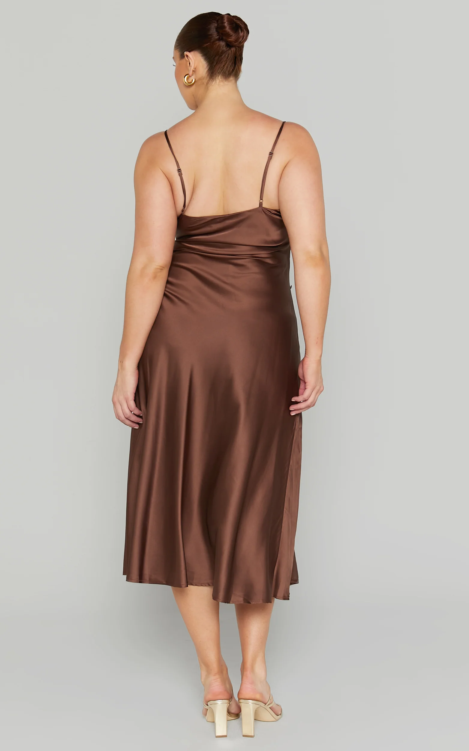 Flordeliza Midi Dress - Cowl Neck Thigh Slit Slip Dress in Chocolate - Image 6