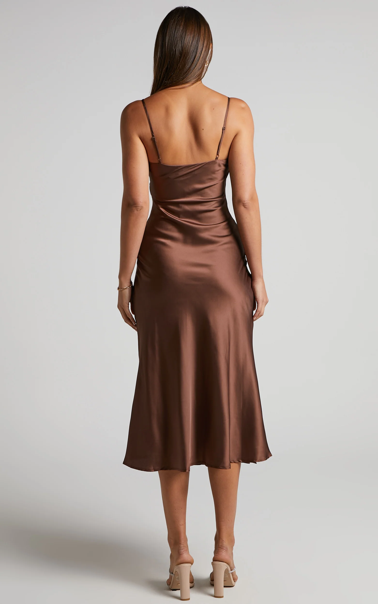 Flordeliza Midi Dress - Cowl Neck Thigh Slit Slip Dress in Chocolate - Image 7