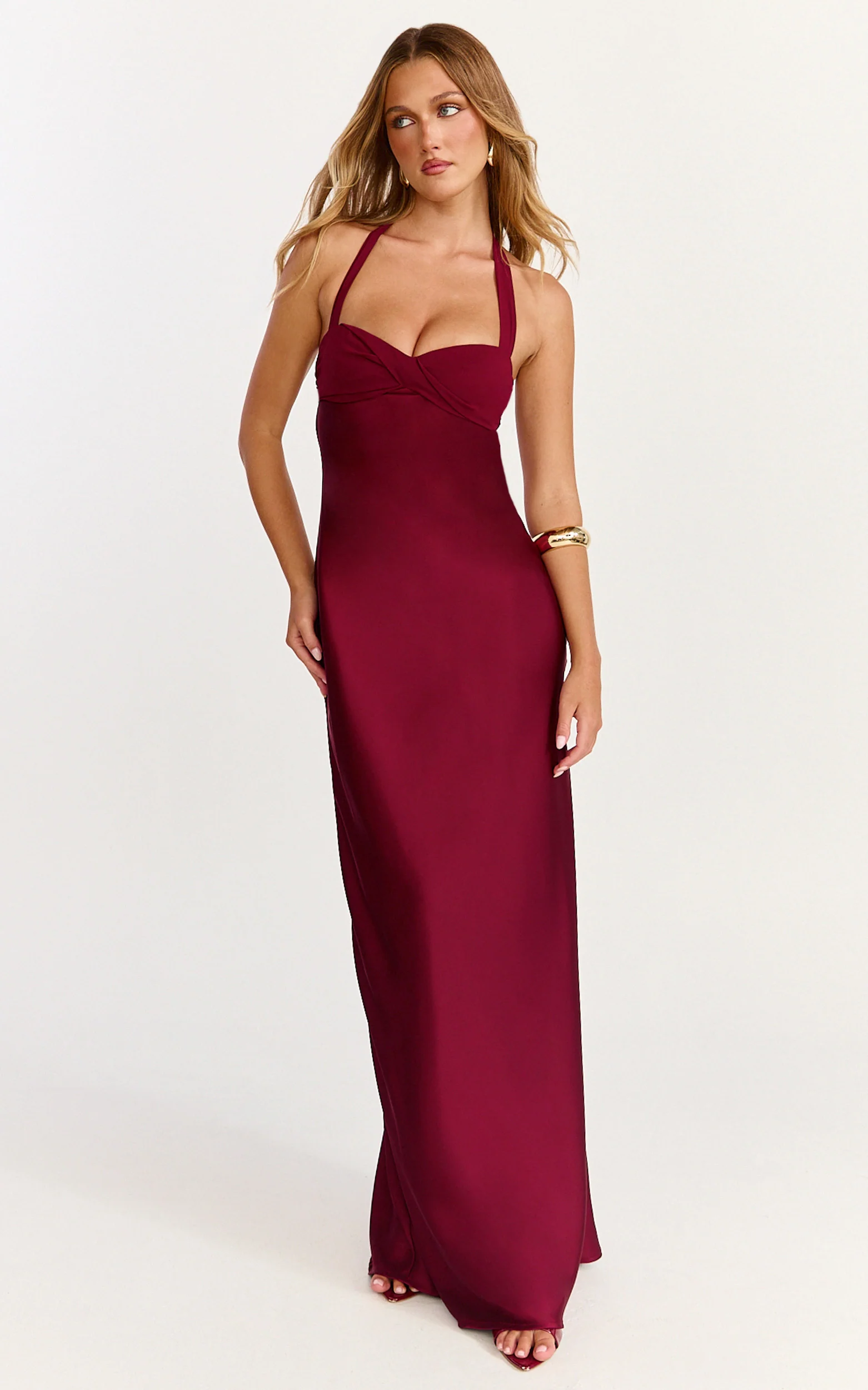 Flynn Maxi Dress - Satin Halter Sweetheart Neck Dress in Wine - Image 3