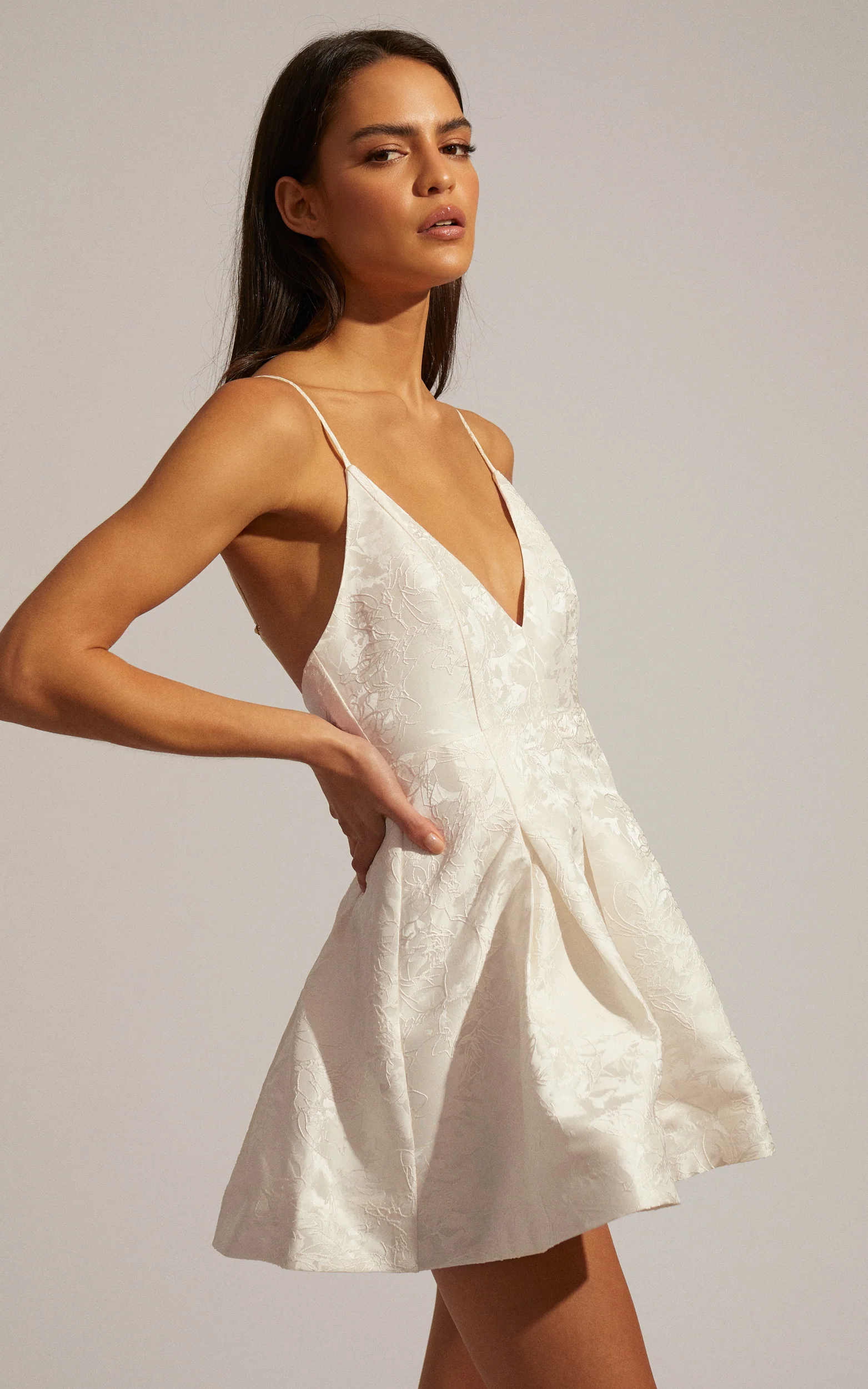 Gemima Mini Dress - Strappy Plunge Neck Fit and Flare Dress in White - Image 3