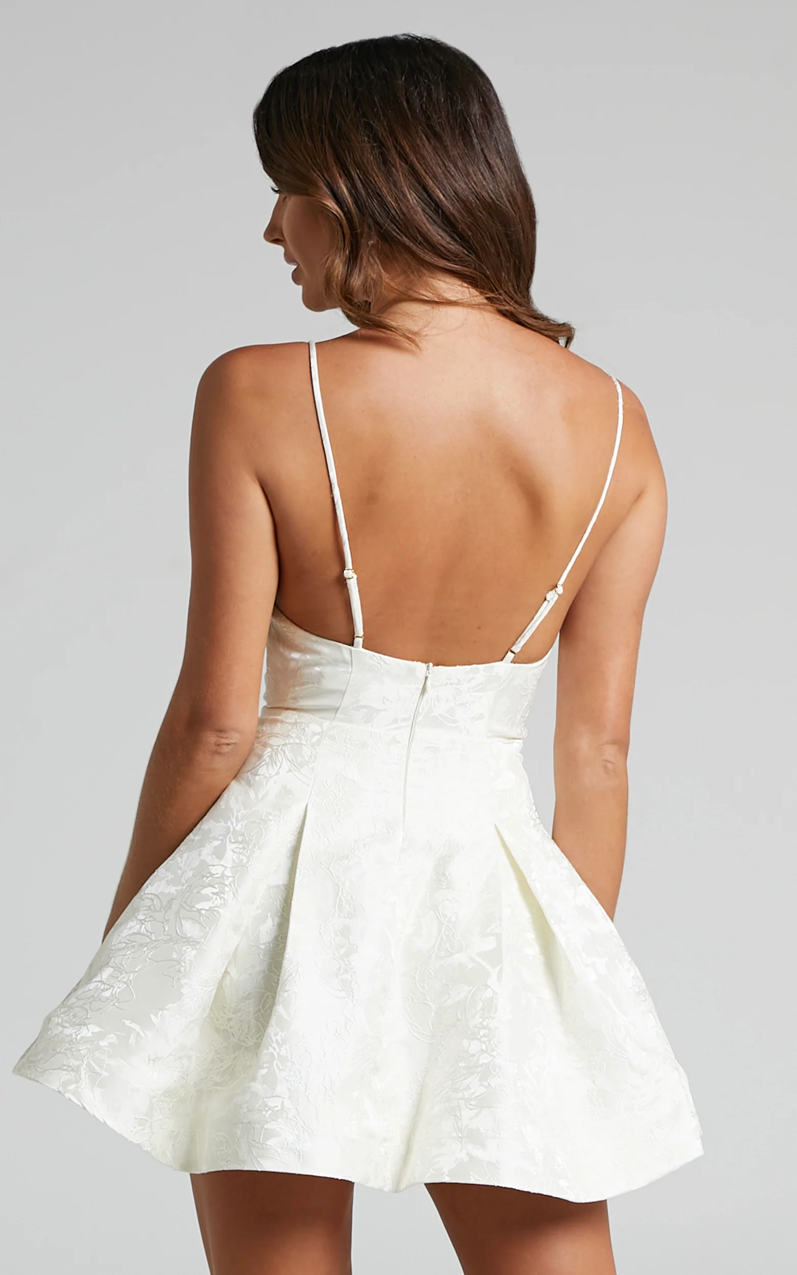 Gemima Mini Dress - Strappy Plunge Neck Fit and Flare Dress in White - Image 7