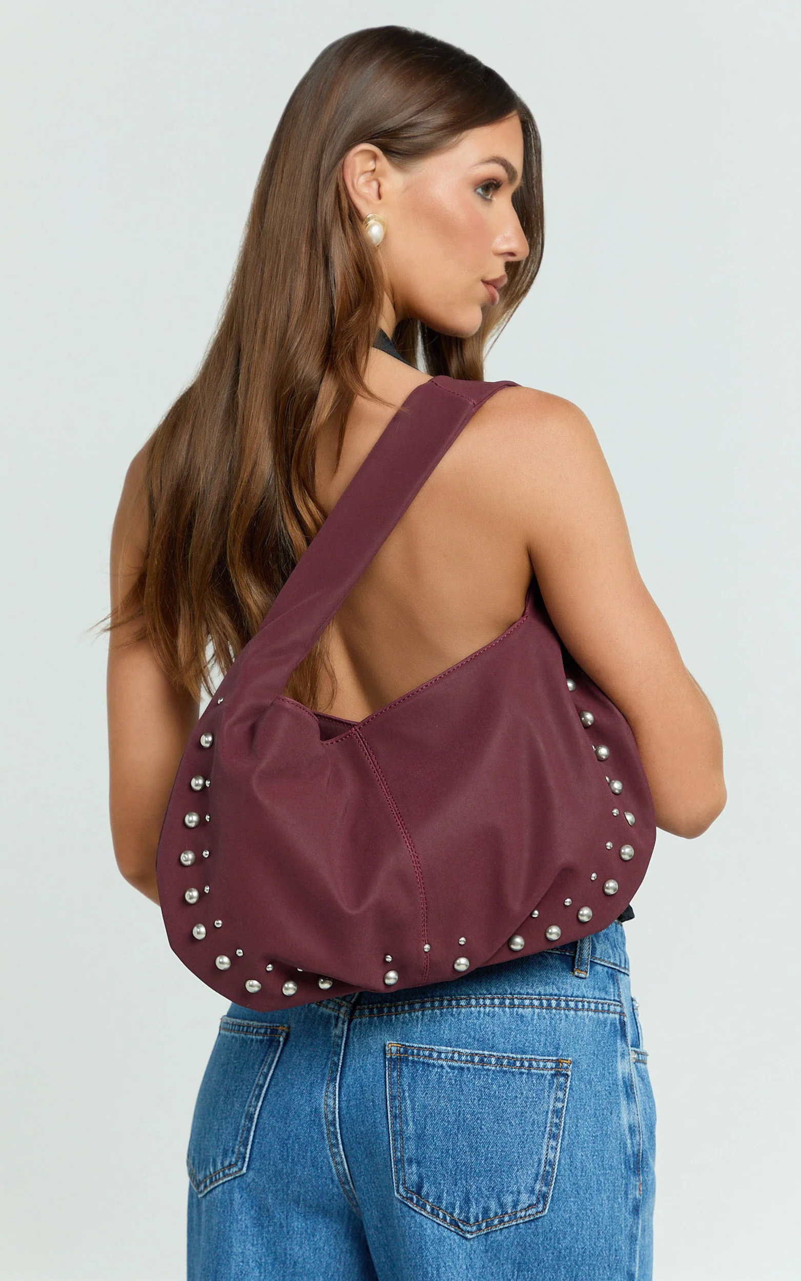 Geneva Bag - Hardware Studded Shoulder Bag in Burgundy - Image 3