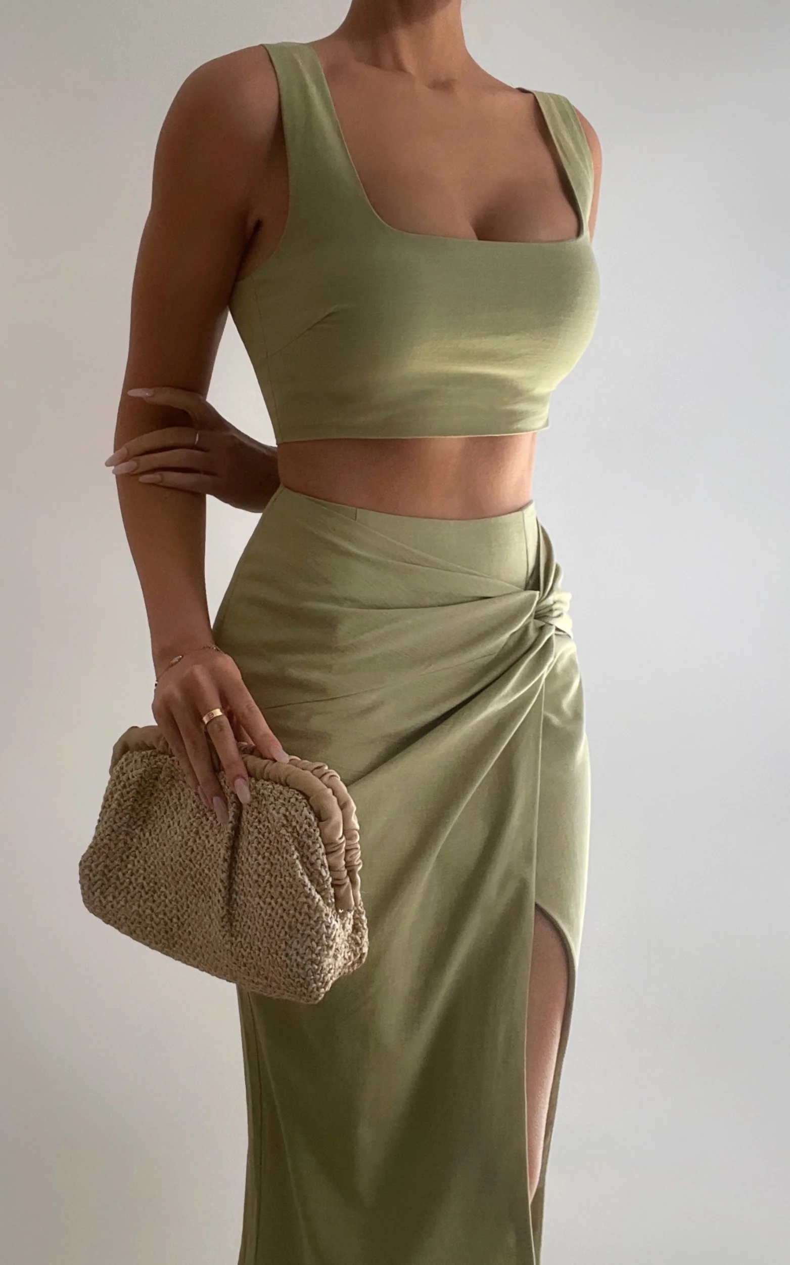 Gibson Two Piece Top and Skirt Set - Linen Crop Top and Knot Front Midi Skirt Set in Celery - Image 6