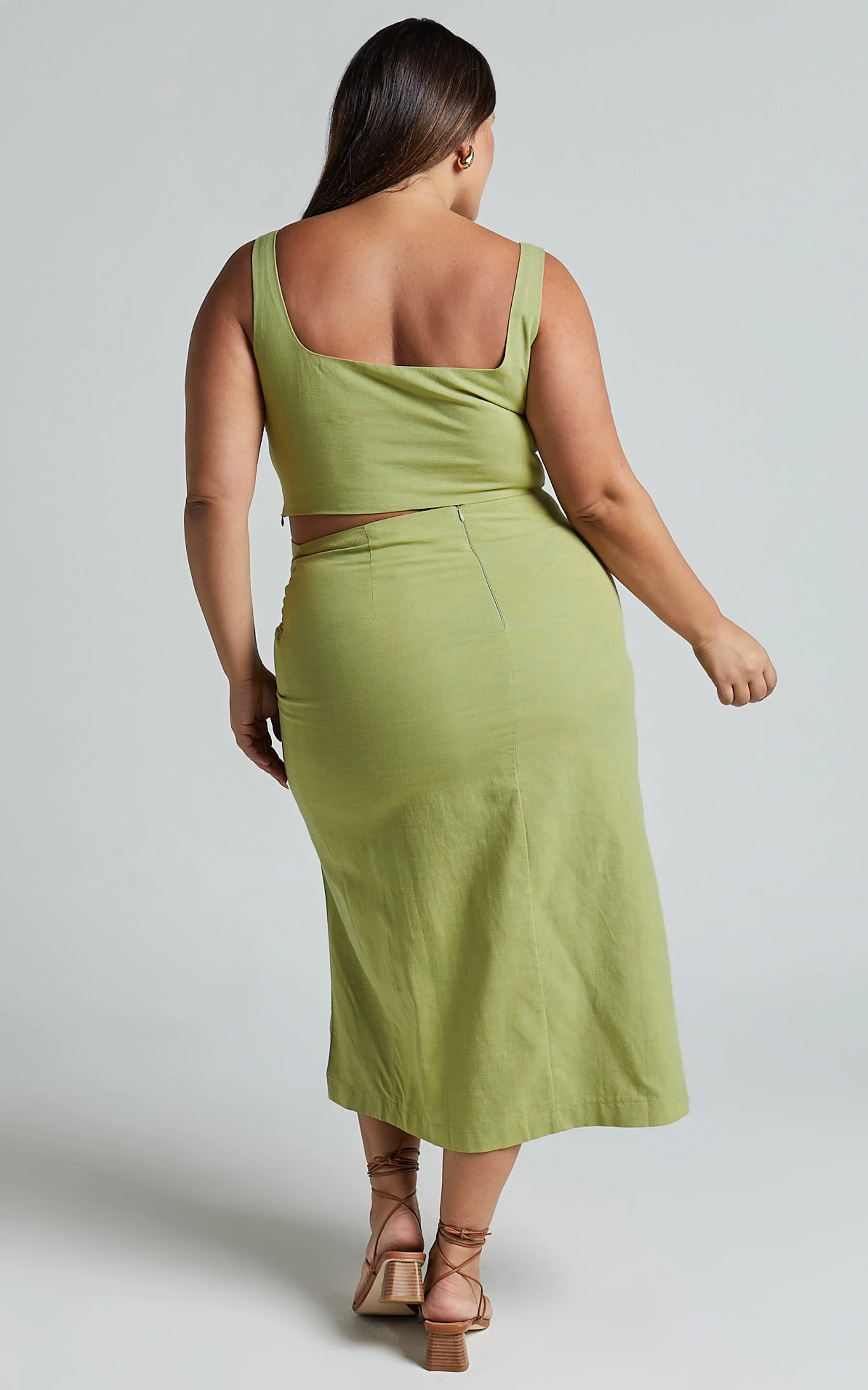 Gibson Two Piece Top and Skirt Set - Linen Crop Top and Knot Front Midi Skirt Set in Celery - Image 8