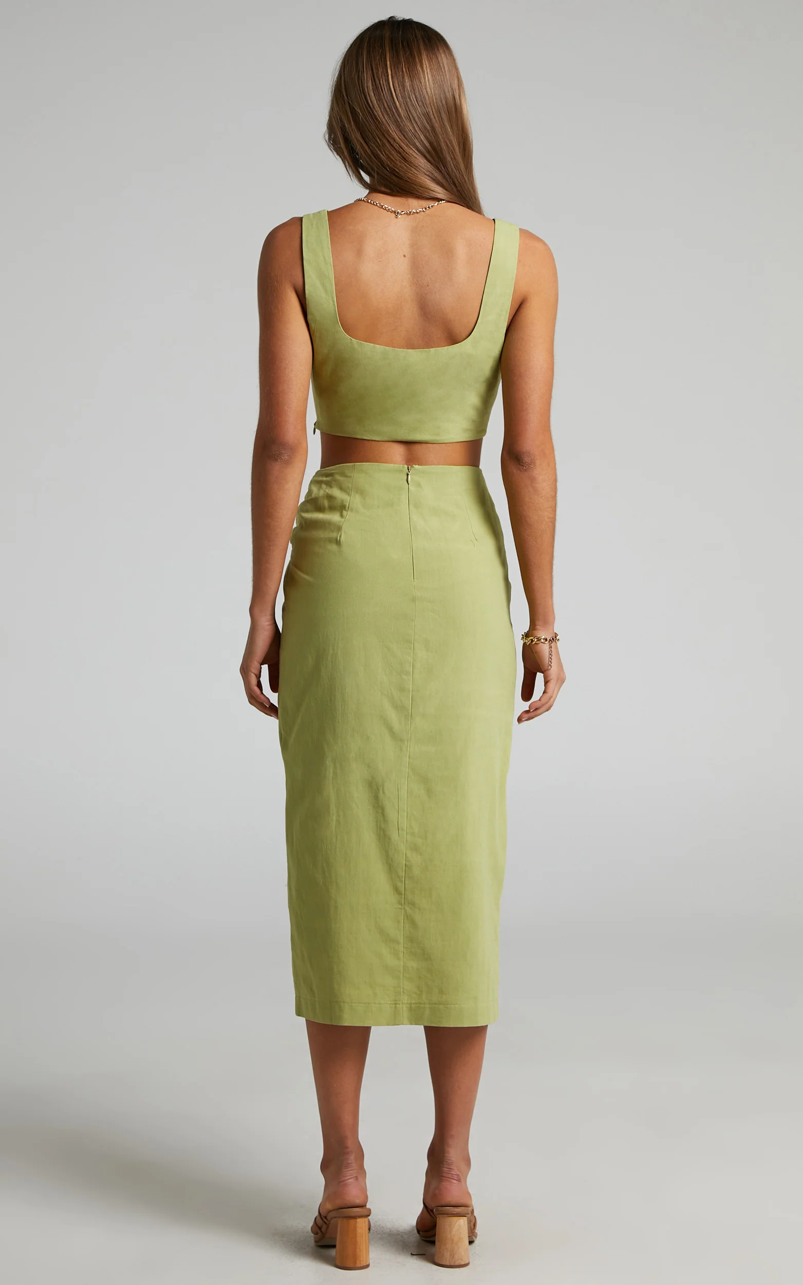 Gibson Two Piece Top and Skirt Set - Linen Crop Top and Knot Front Midi Skirt Set in Celery - Image 9