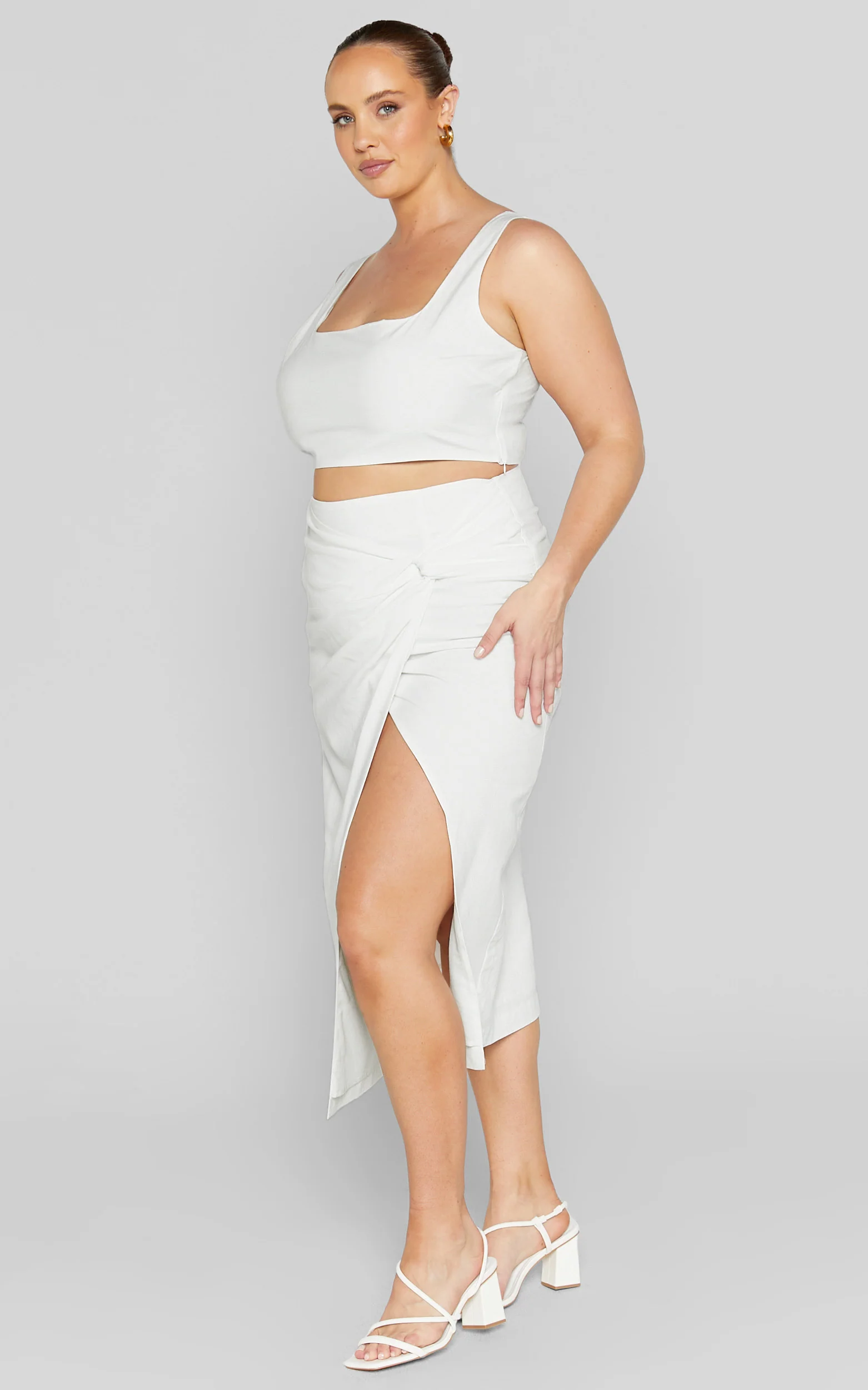 Gibson Two Piece Top and Skirt Set - Linen Crop Top and Knot Front Midi Skirt Set in White - Image 6