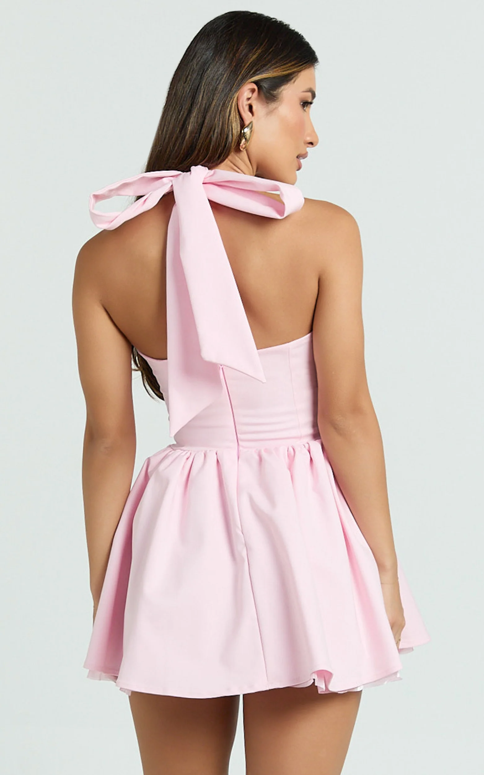 Helda Mini Dress - Halter Tie Neck Corset Panel Dress in Pink - Image 7