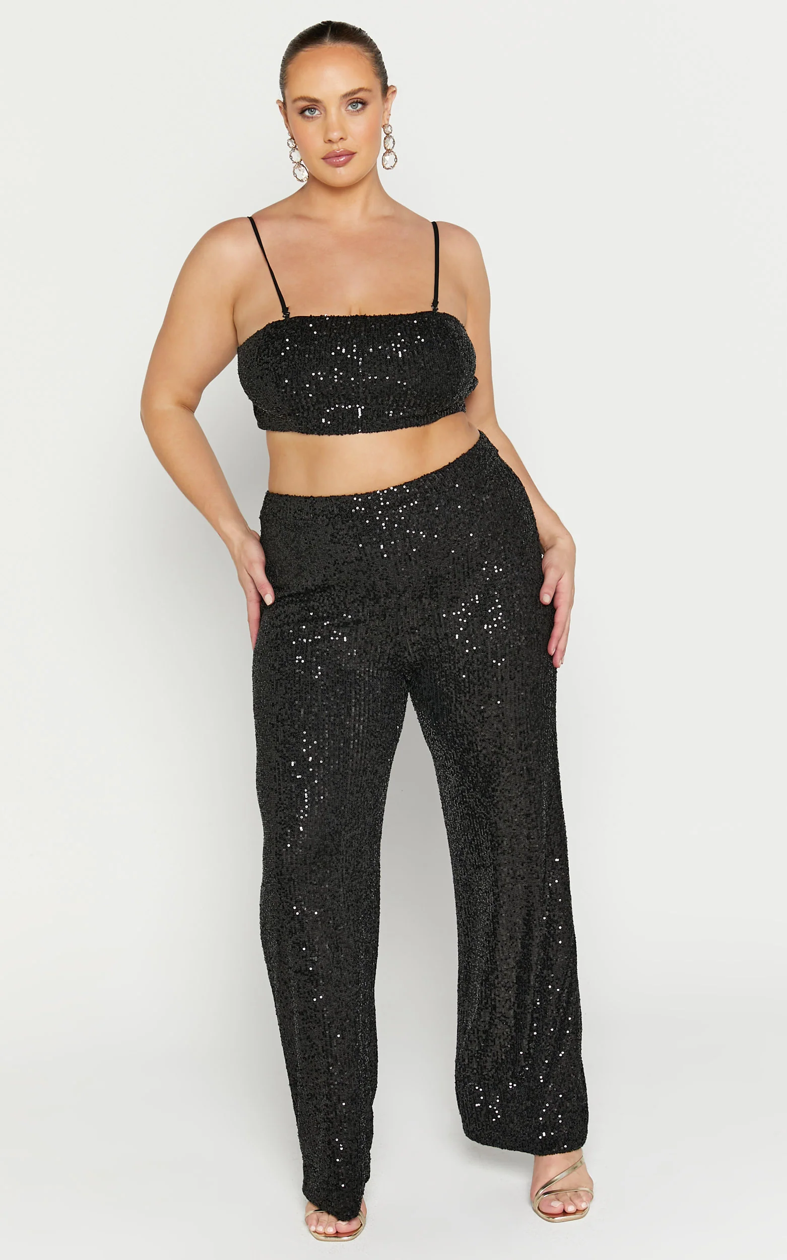 Imogen Two Piece Set - Bandeau Top and Straight Pants Set in Black Sequin - Image 3