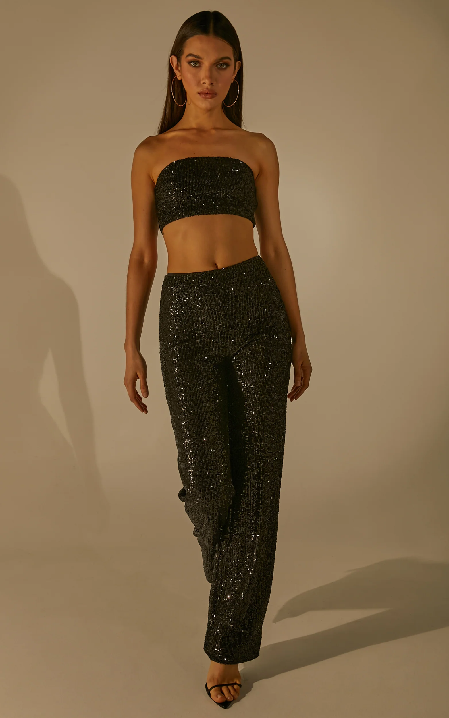 Imogen Two Piece Set - Bandeau Top and Straight Pants Set in Black Sequin - Image 5