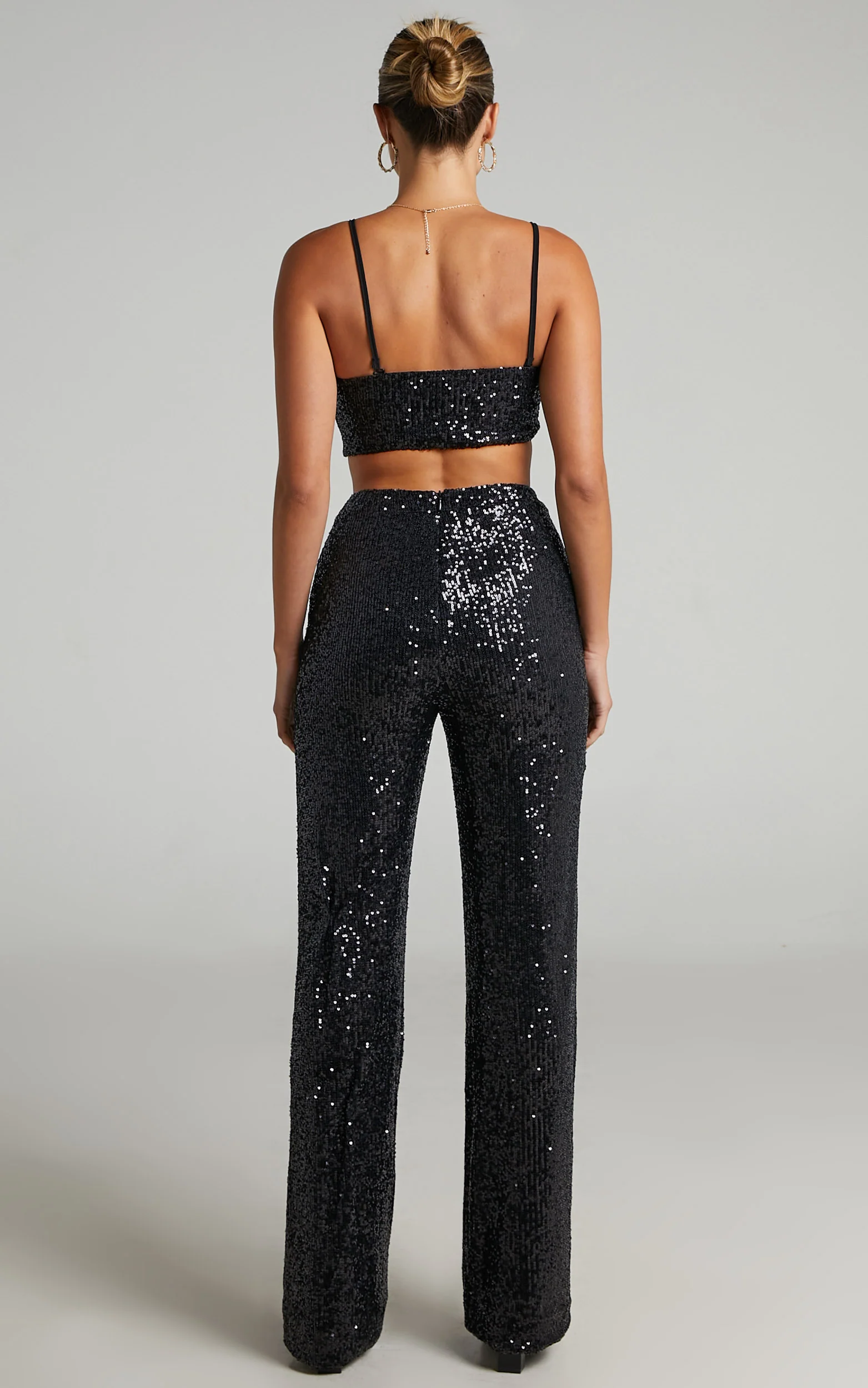 Imogen Two Piece Set - Bandeau Top and Straight Pants Set in Black Sequin - Image 7