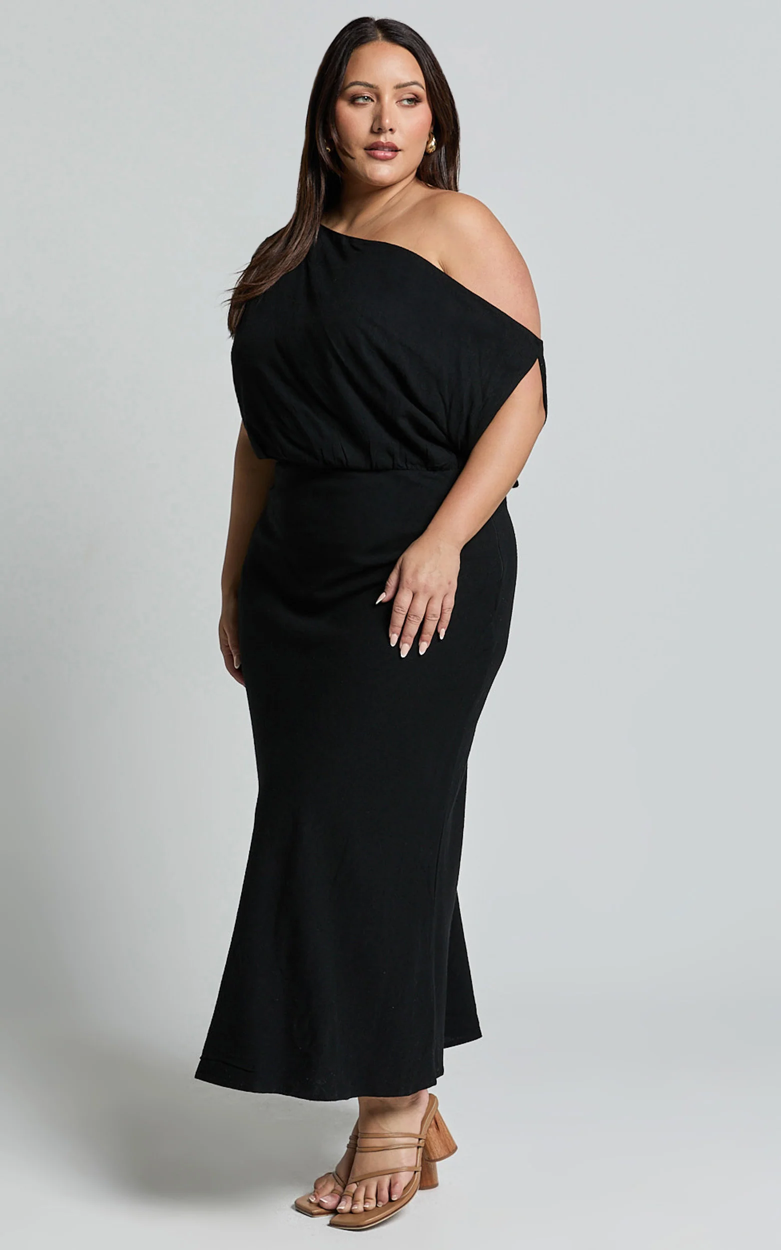 Jacqueline Midi Dress - Linen One Shoulder Dress in Black - Image 4