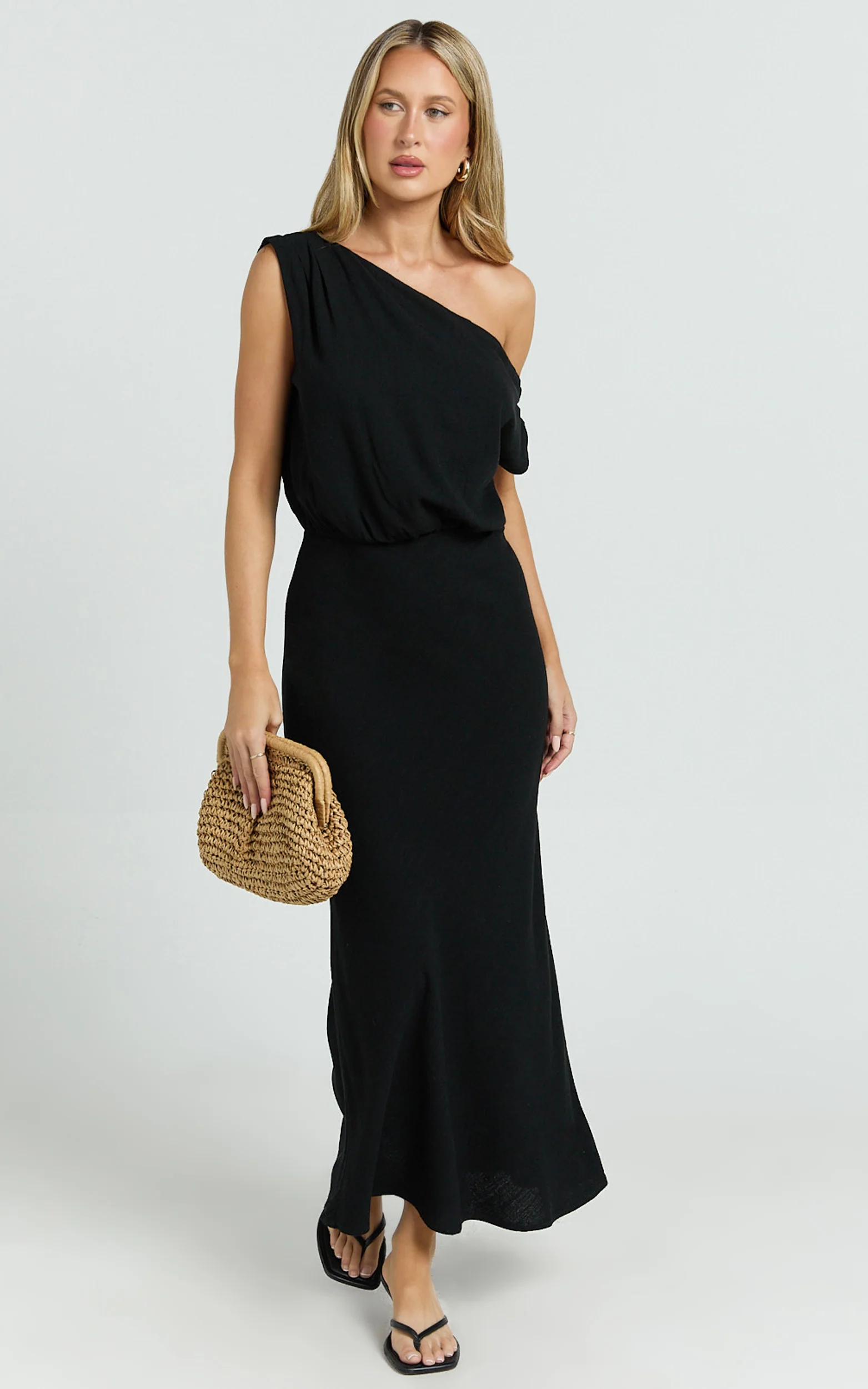 Jacqueline Midi Dress - Linen One Shoulder Dress in Black - Image 5