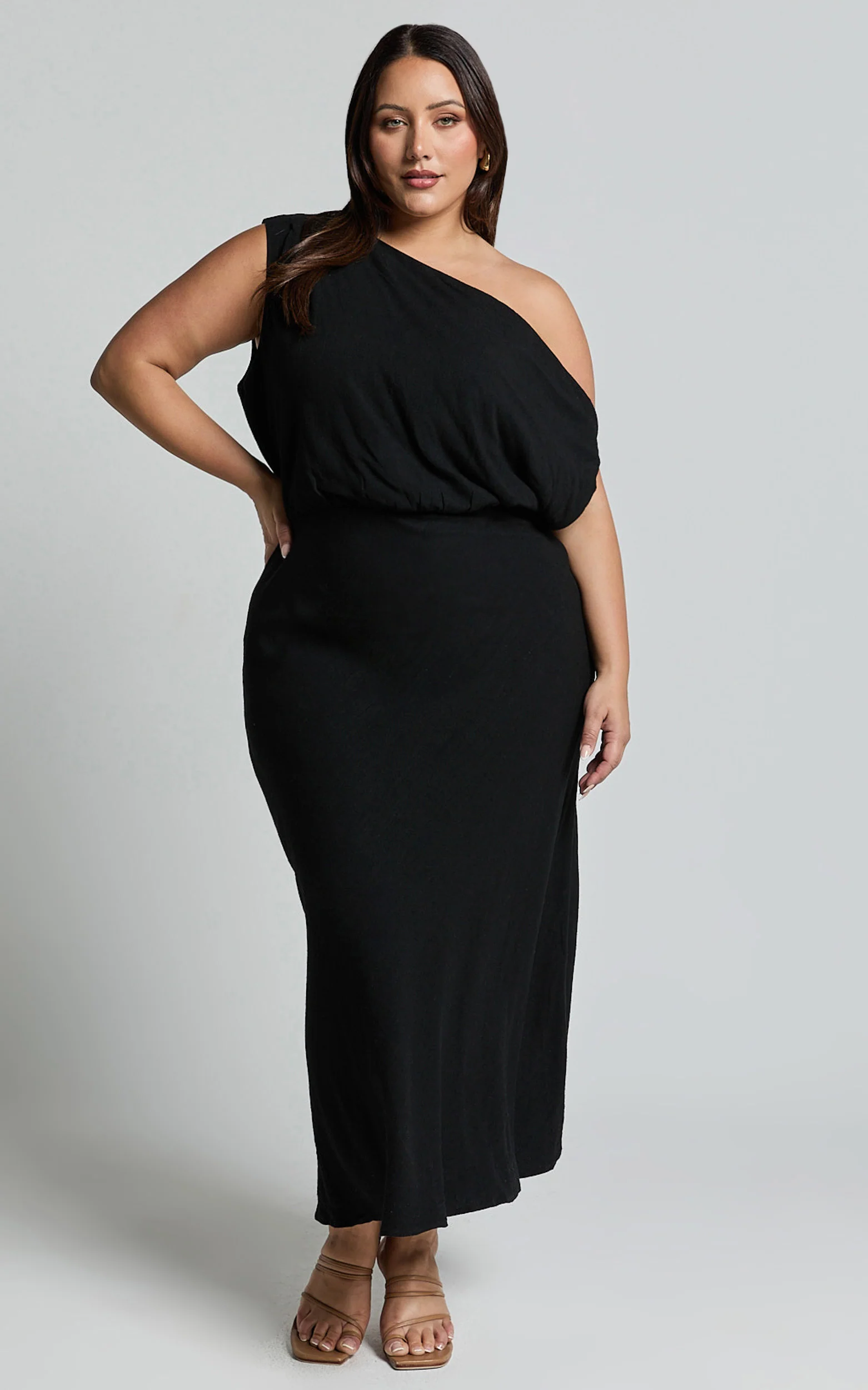 Jacqueline Midi Dress - Linen One Shoulder Dress in Black - Image 6