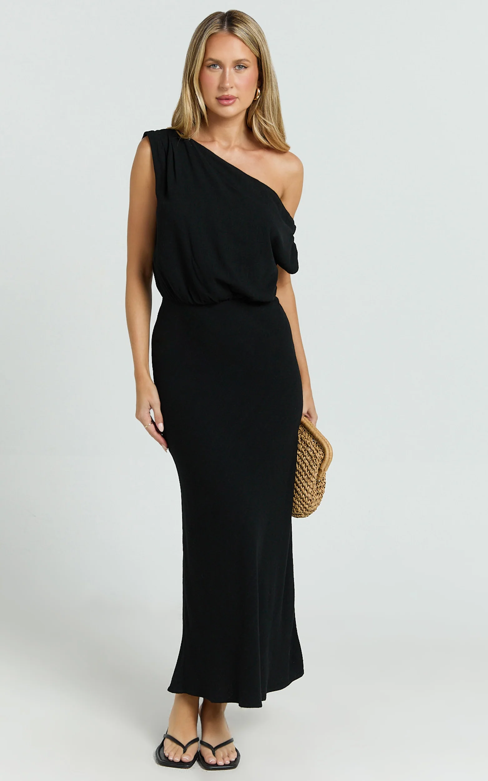 Jacqueline Midi Dress - Linen One Shoulder Dress in Black - Image 7