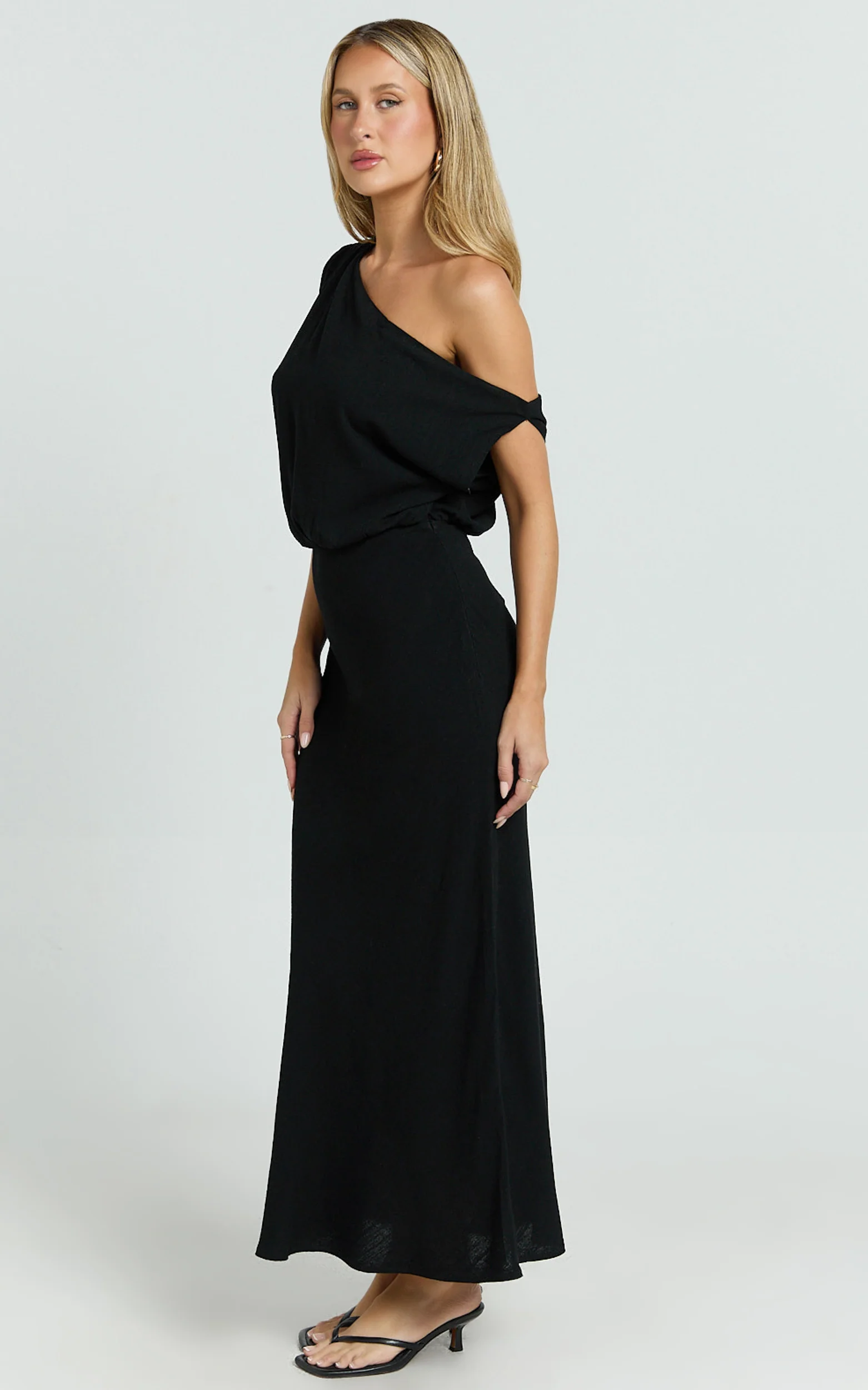 Jacqueline Midi Dress - Linen One Shoulder Dress in Black - Image 8