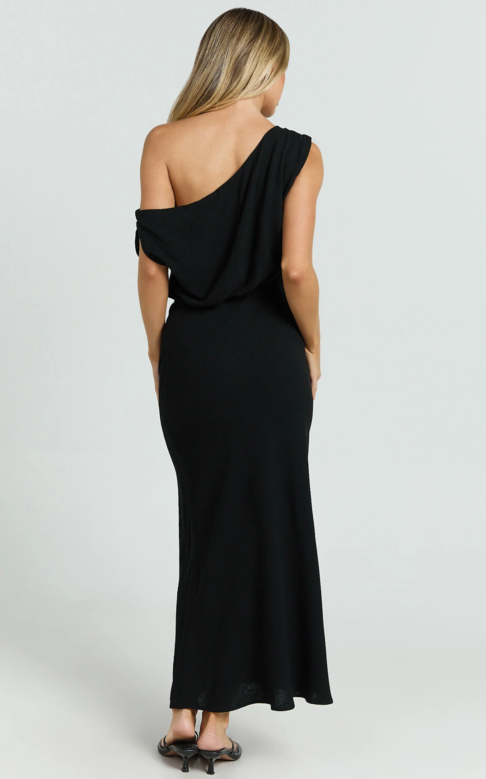 Jacqueline Midi Dress - Linen One Shoulder Dress in Black - Image 9