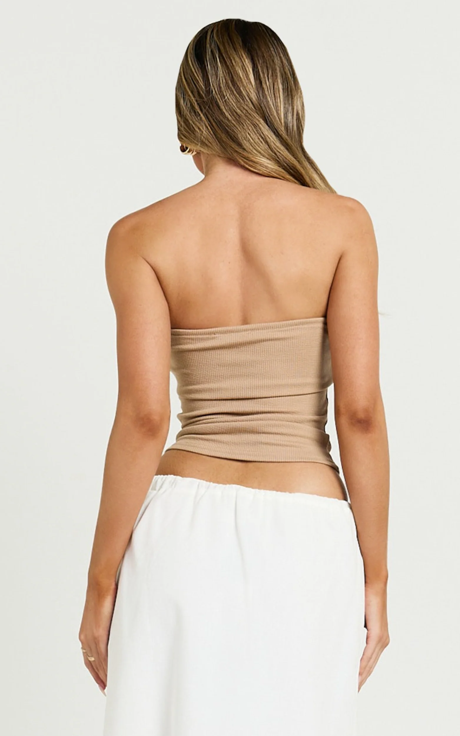 Jelena Top - Jersey Strapless Twist Front Top in Tan - Image 6
