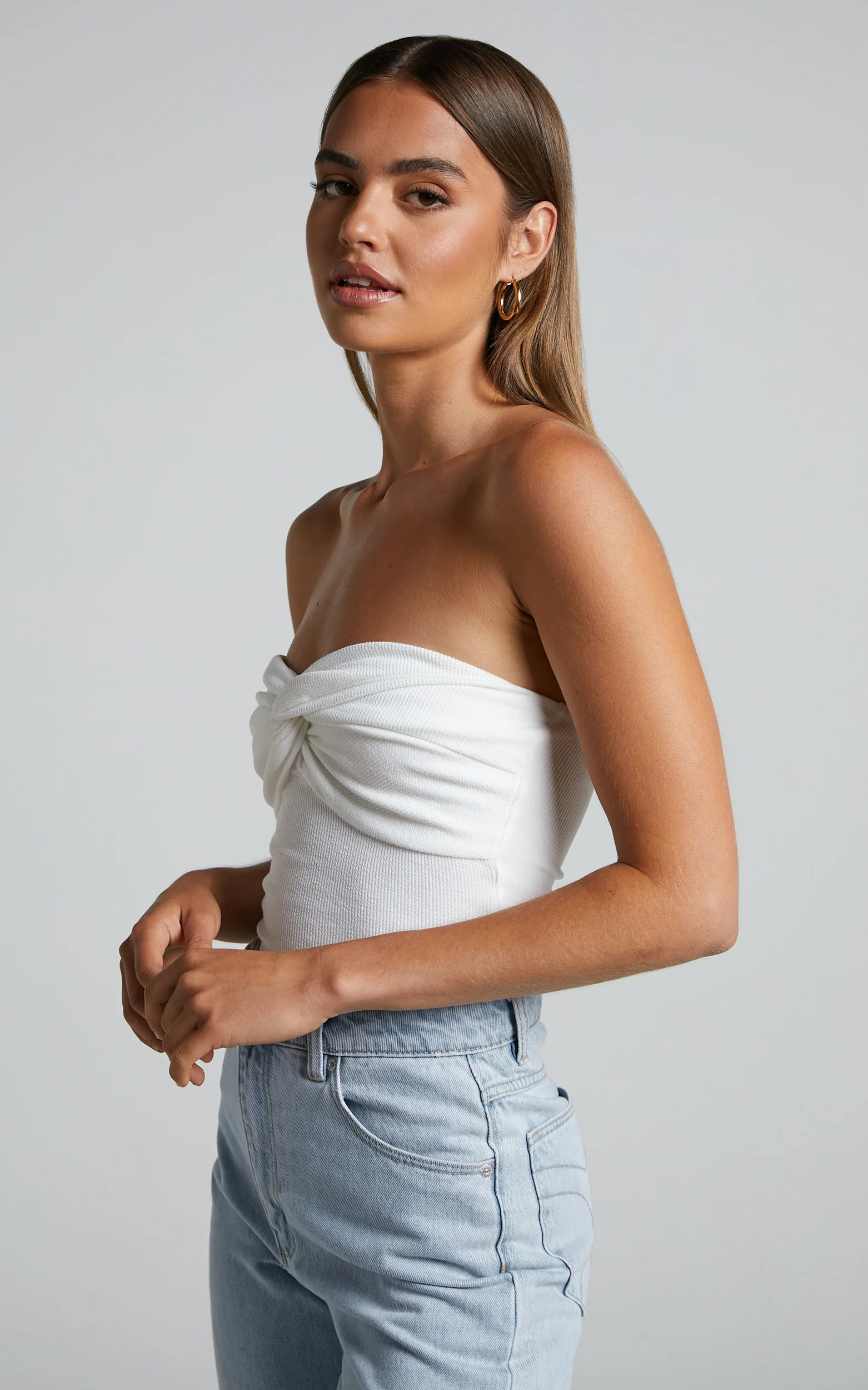 Jelena Top - Jersey Strapless Twist Front Top in White - Image 7