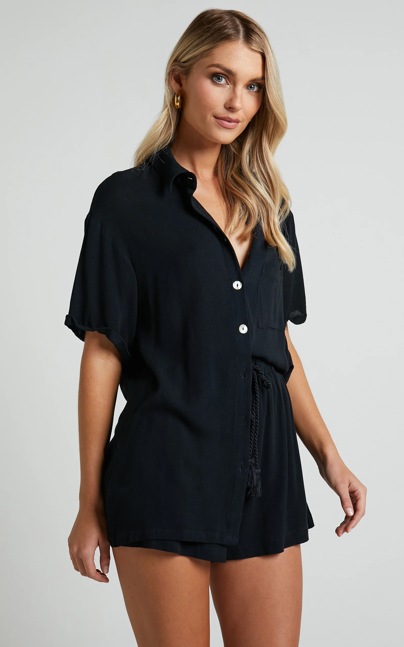 Jubilee Two Piece Set - Button Up Shirt and Shorts Set in Black - Image 3