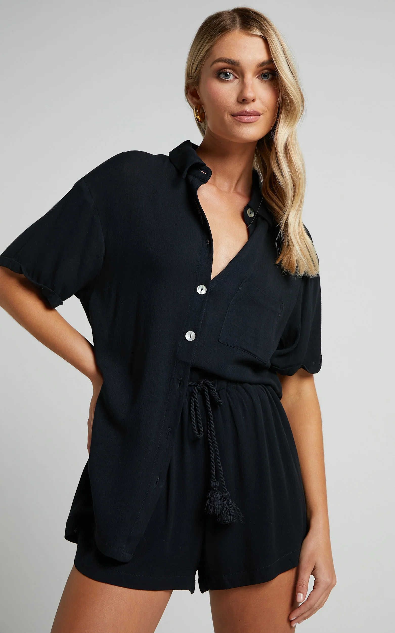 Jubilee Two Piece Set - Button Up Shirt and Shorts Set in Black - Image 4