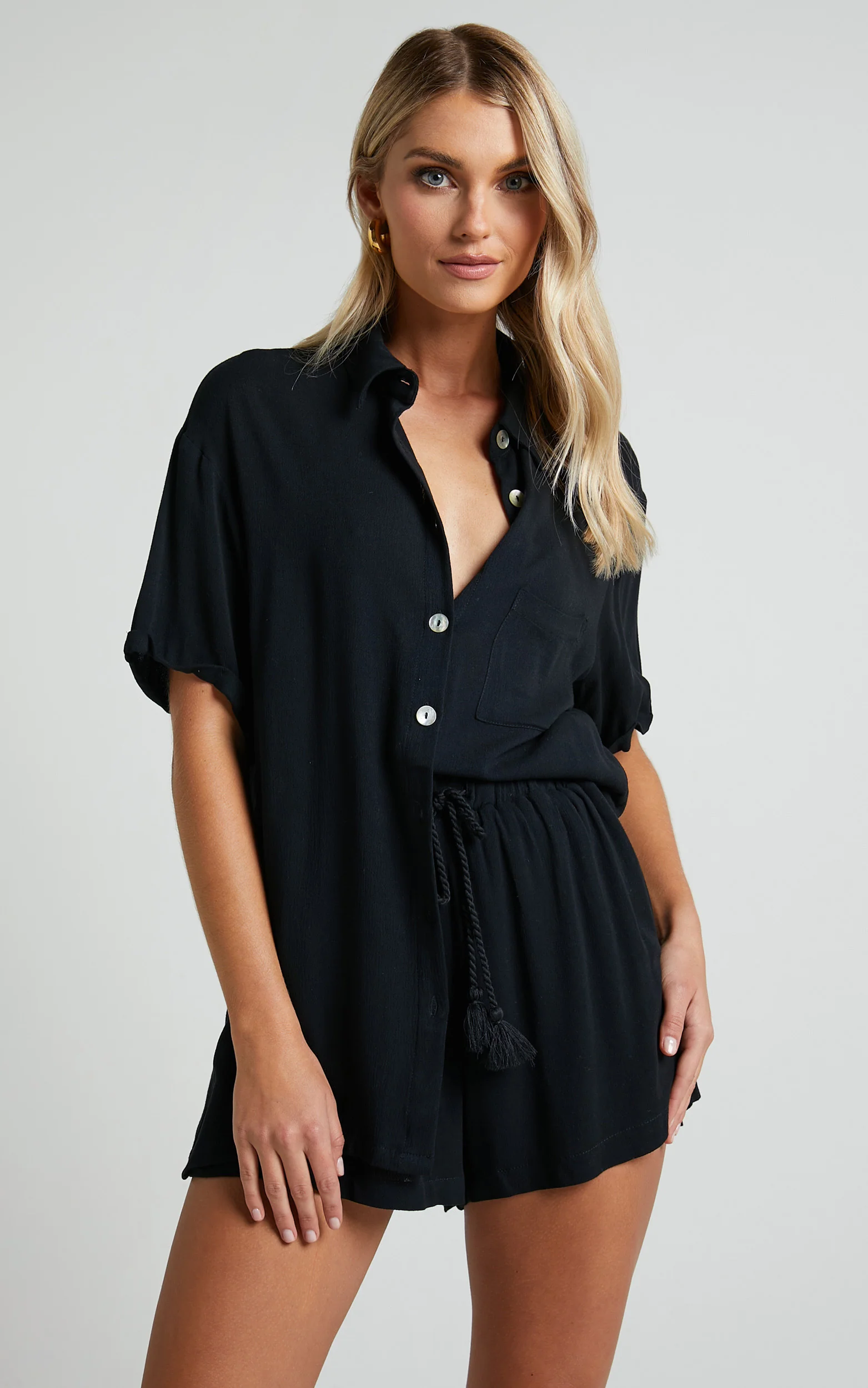 Jubilee Two Piece Set - Button Up Shirt and Shorts Set in Black - Image 5