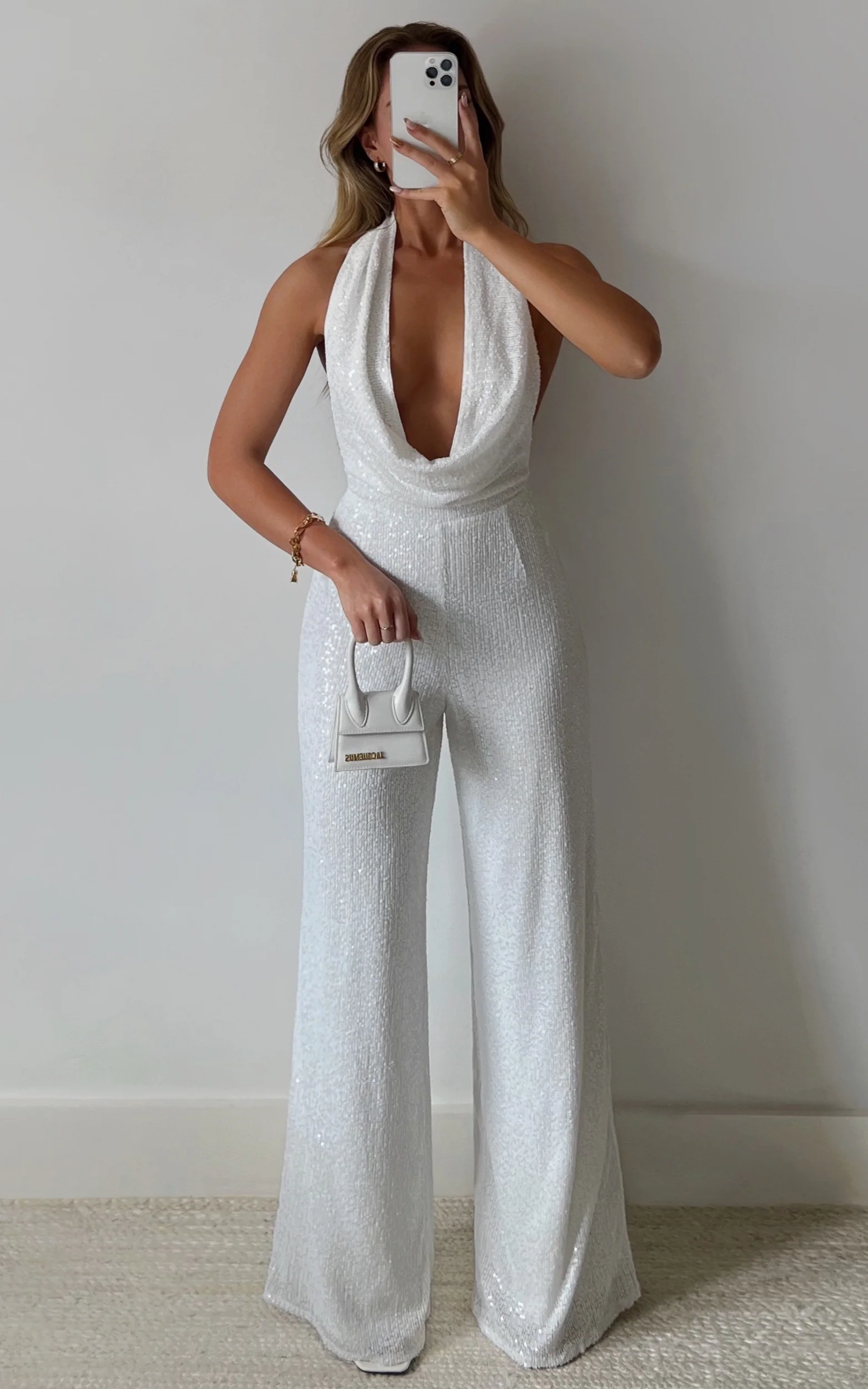 Julien Jumpsuit - Backless Wide Leg Cowl Neck Sequin Jumpsuit in White - Image 3