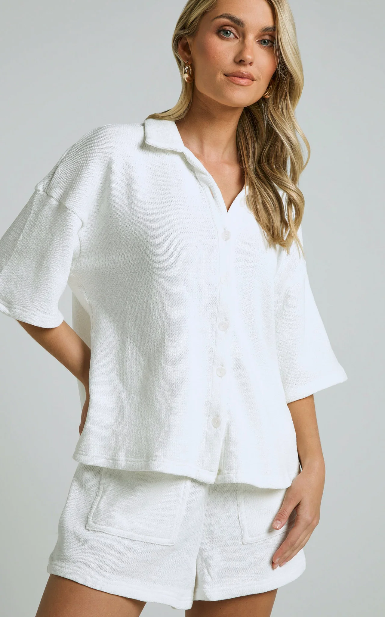 Kahlani Two Piece Set - Collared Short Sleeve and High Waisted Shorts in White - Image 5