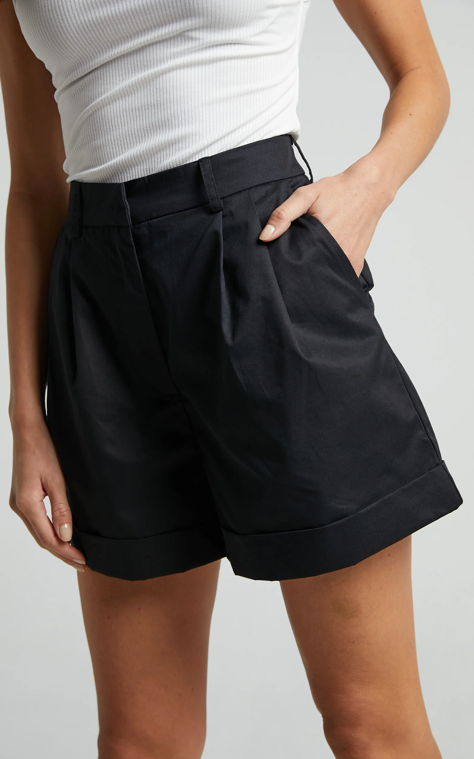 Khaimy Shorts - High Waisted Cuffed Shorts in Black - Image 5