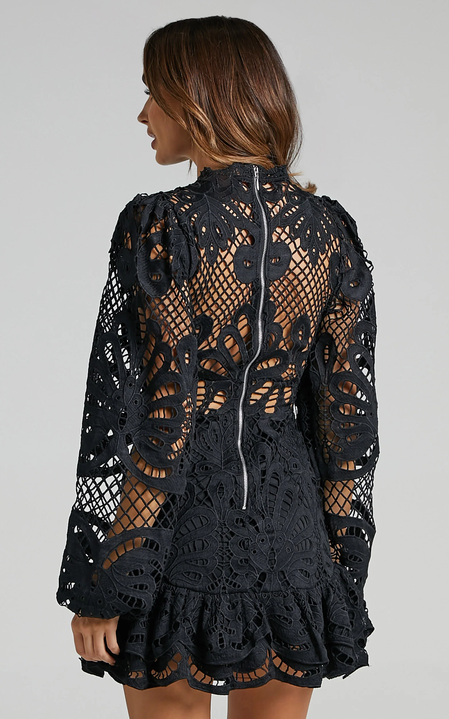 Kiss Me Now Mini Dress - Long Puff Sleeve Dress in Black Lace - Image 6