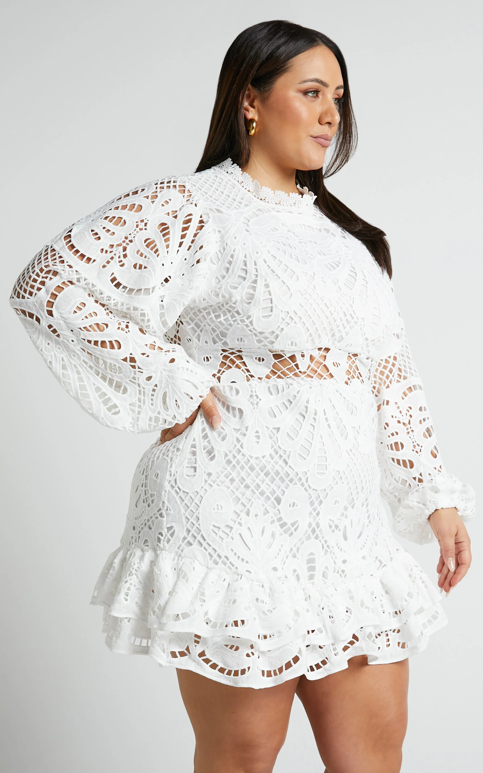 Kiss Me Now Mini Dress - Long Puff Sleeve Dress in White Lace - Image 4
