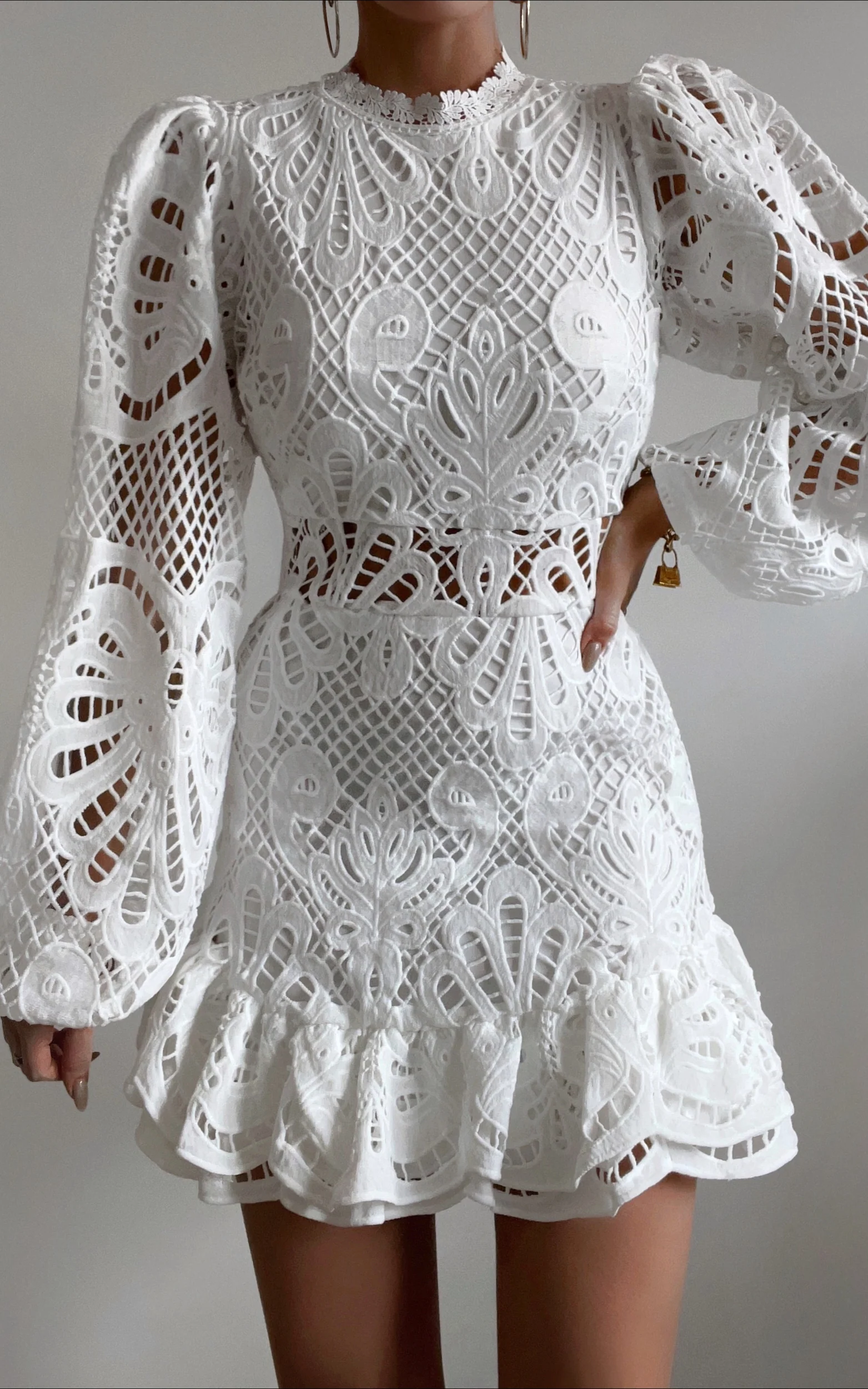 Kiss Me Now Mini Dress - Long Puff Sleeve Dress in White Lace - Image 6