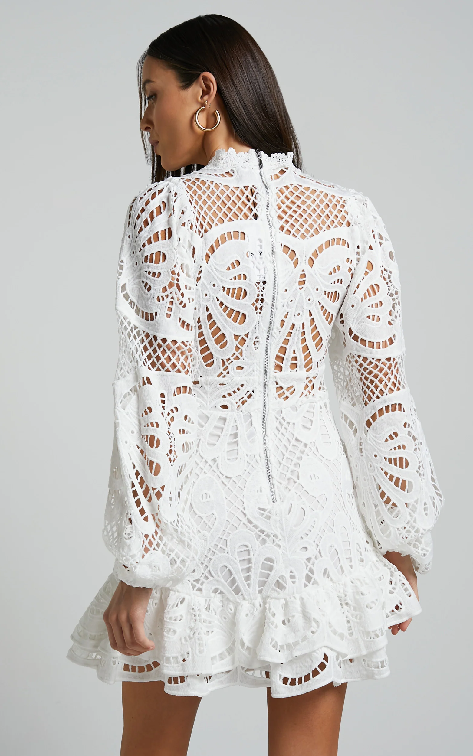 Kiss Me Now Mini Dress - Long Puff Sleeve Dress in White Lace - Image 8