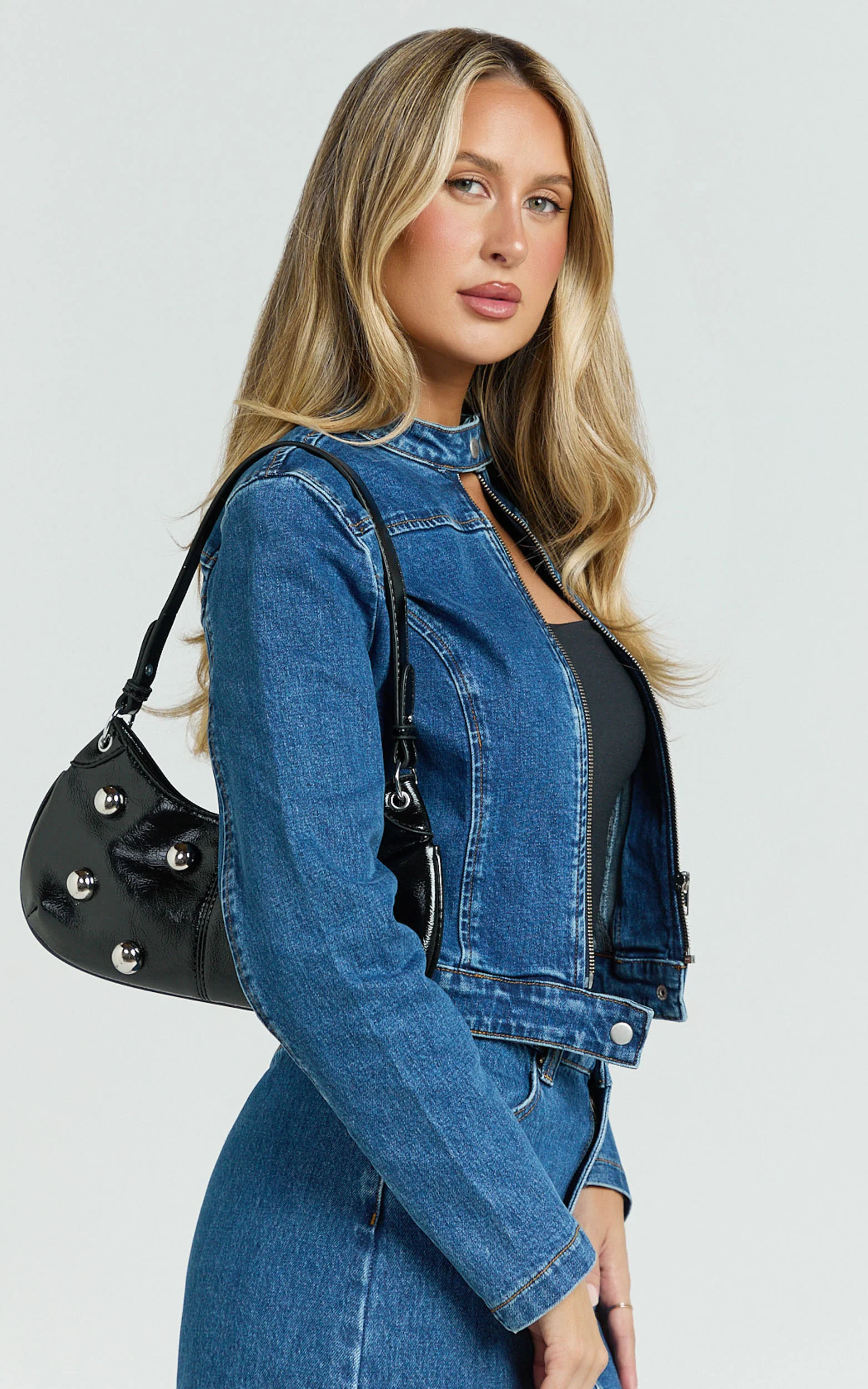 Laine Bag - Hardware Studded Vinyl Shoulder Bag in Black - Image 6