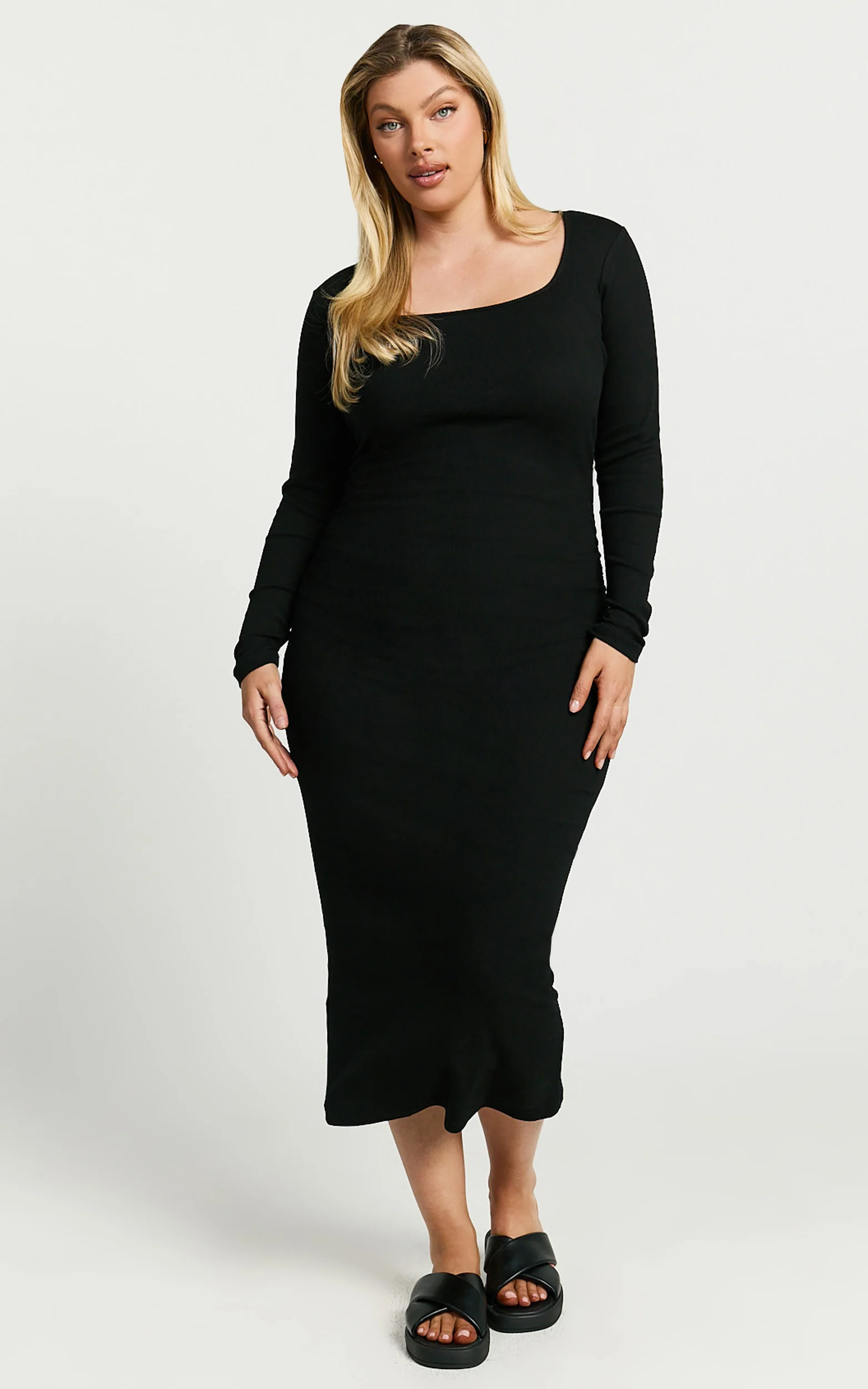 Lucy Midi Dress - Ribbed Side Ruched Bodycon Dress in Black - Image 6