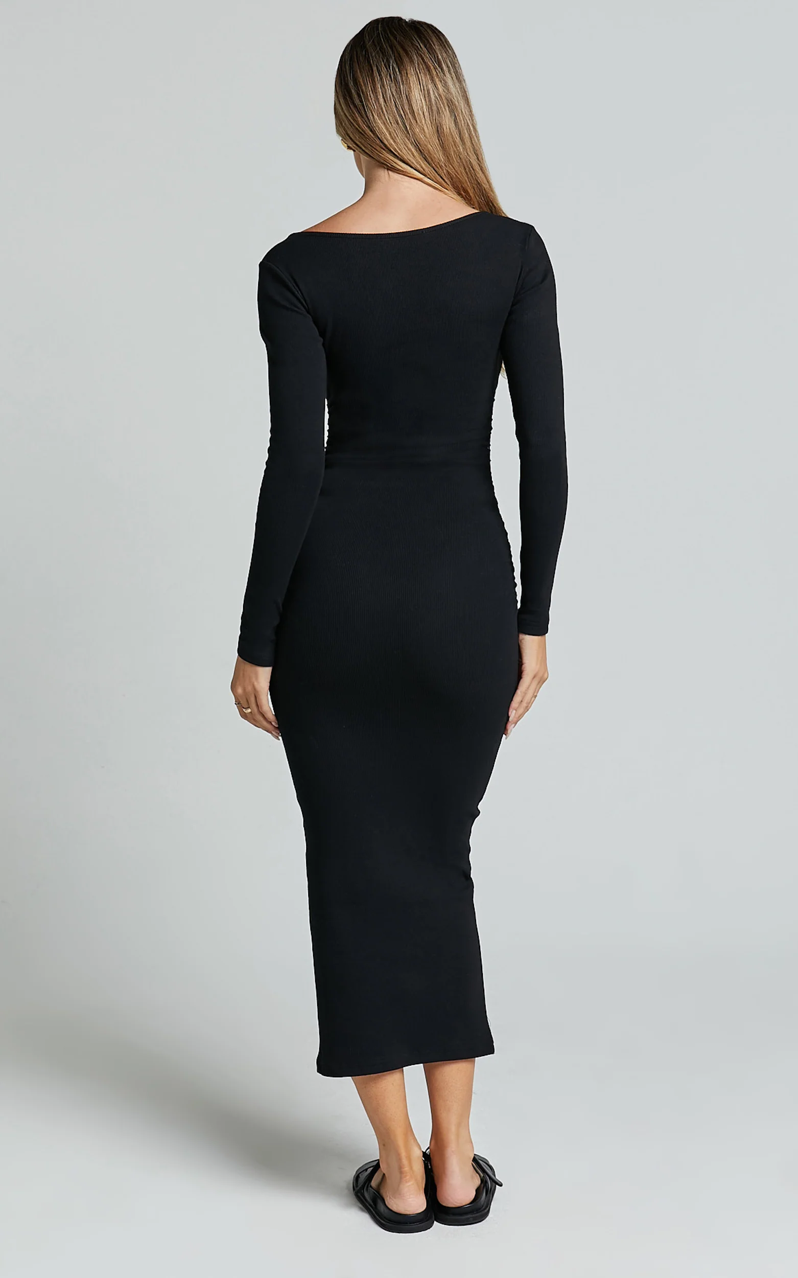 Lucy Midi Dress - Ribbed Side Ruched Bodycon Dress in Black - Image 7
