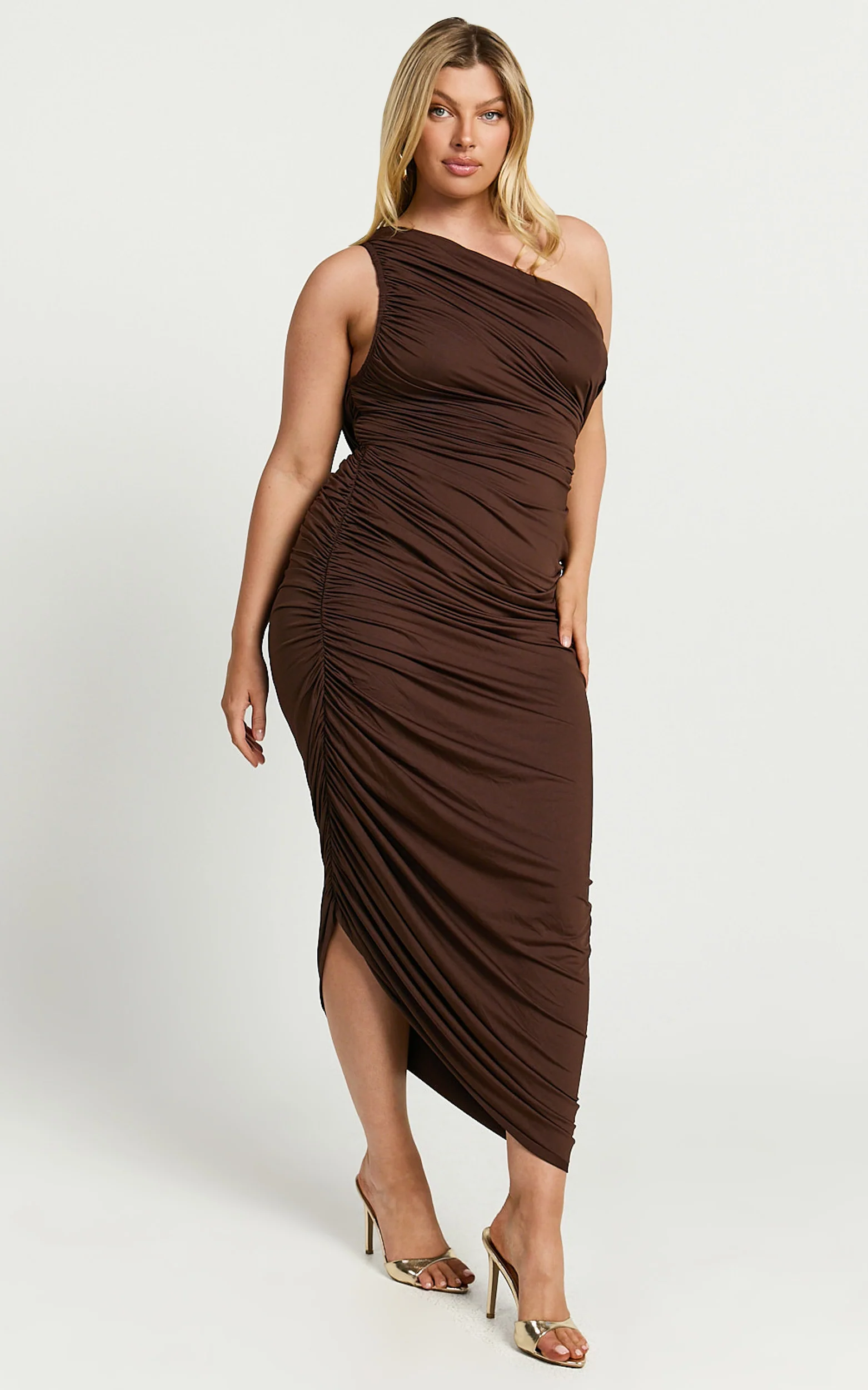 Lovlin Midi Dress - One Shoulder Ruched Dress in Chocolate - Image 4