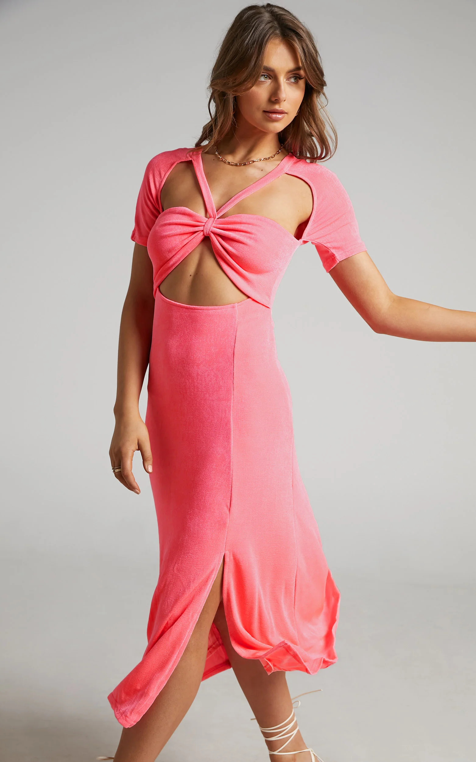 Lyanna Midi Dress - Cut Out Dress in Neon Pink - Image 3