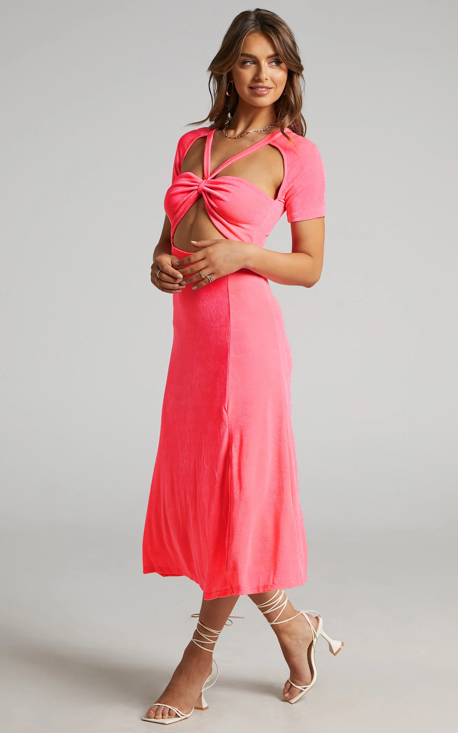 Lyanna Midi Dress - Cut Out Dress in Neon Pink - Image 4