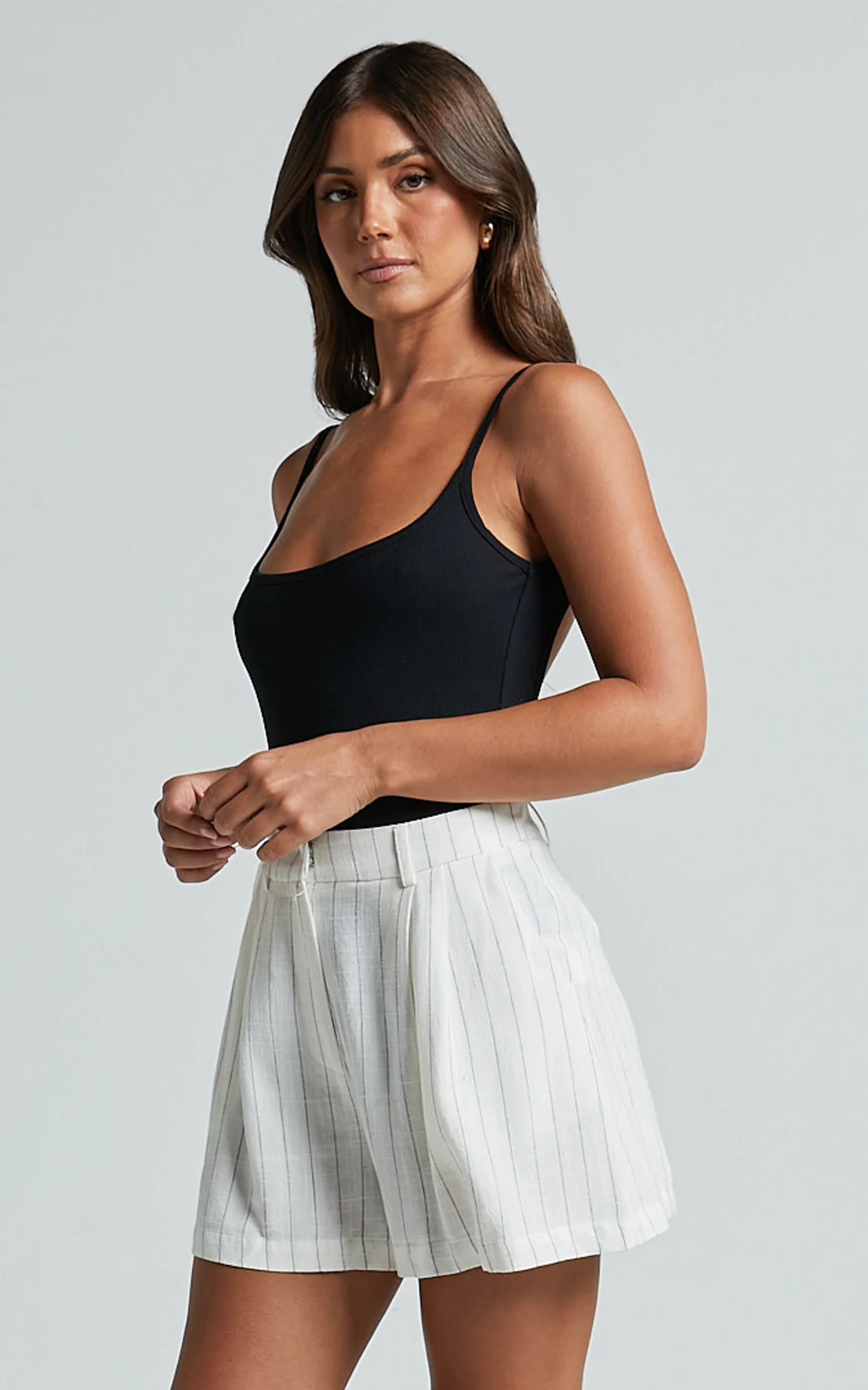 Manon Shorts - Linen Tailored Pinstripe Shorts in White - Image 4