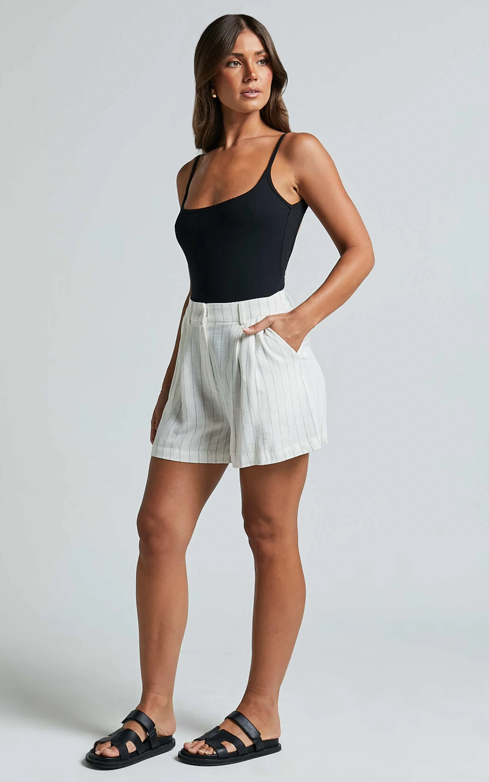 Manon Shorts - Linen Tailored Pinstripe Shorts in White - Image 6