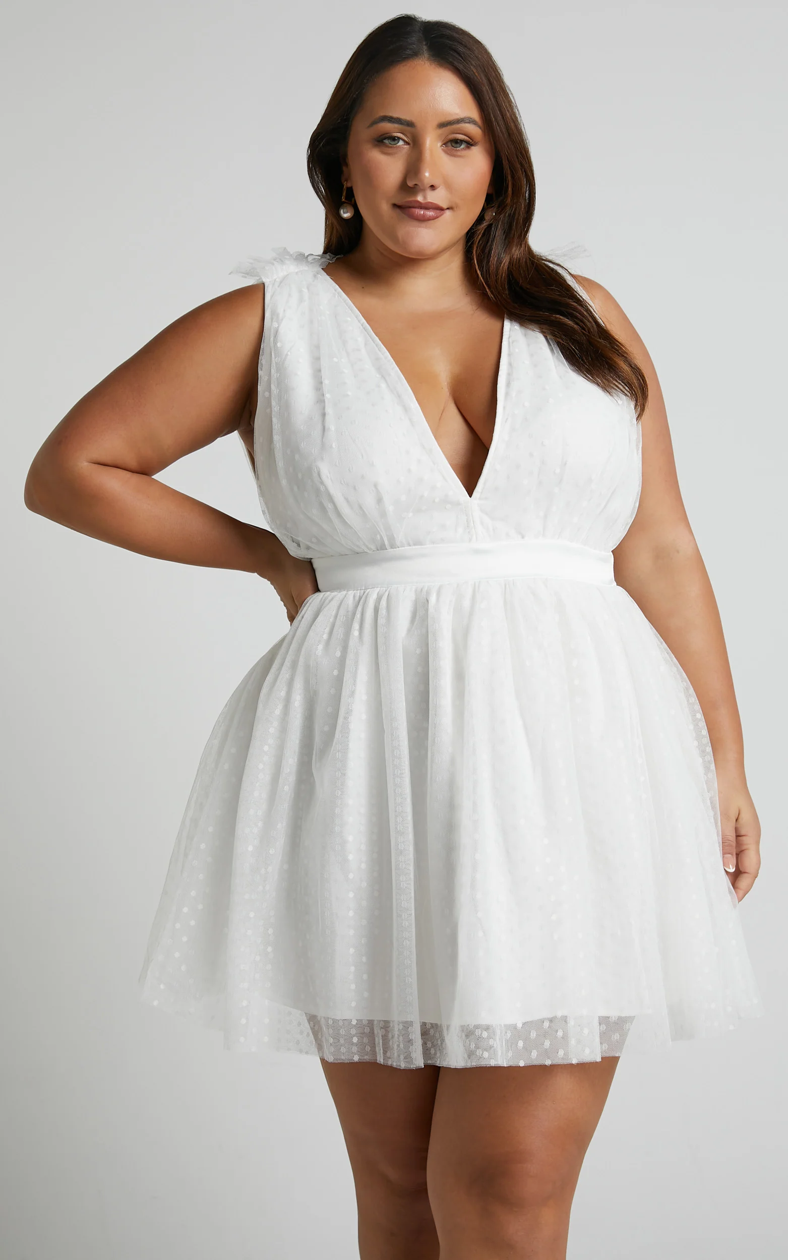 Mariabella Mini Dress - Tulle Plunge Dress in White - Image 2