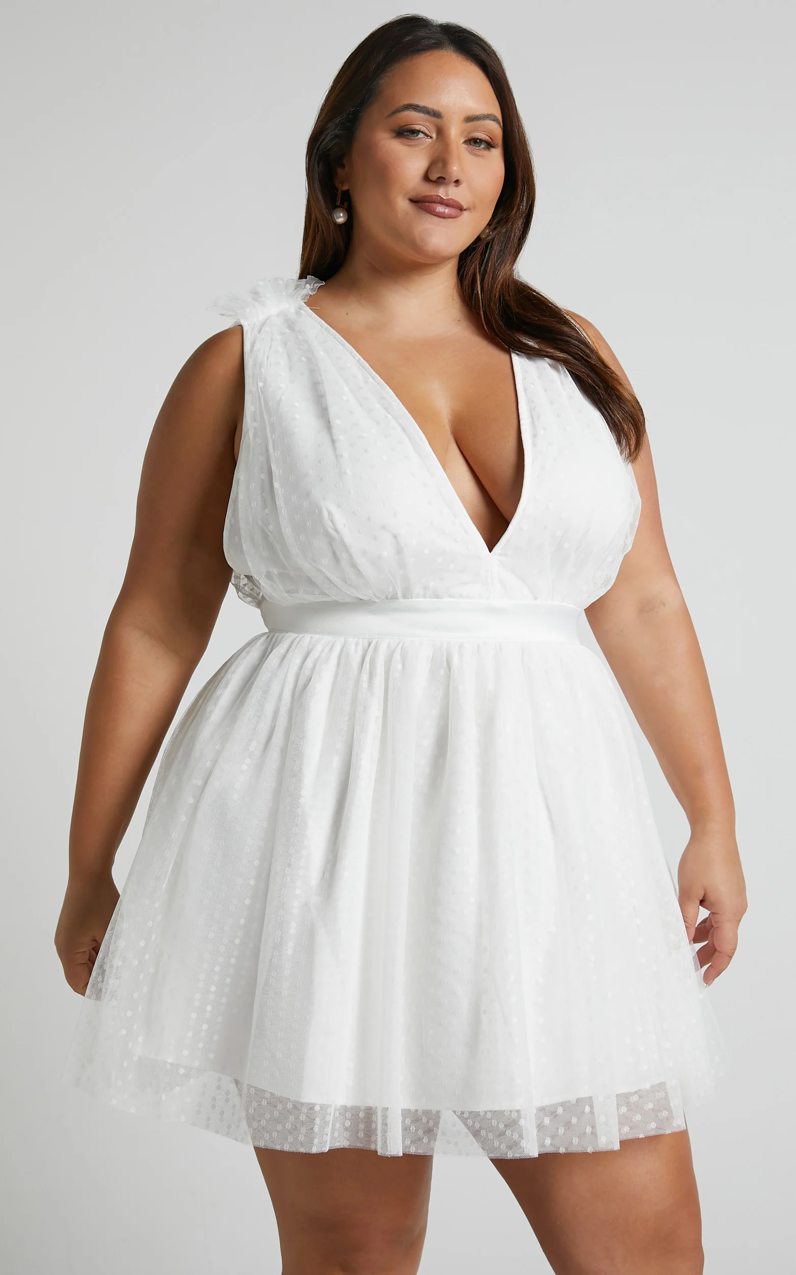 Mariabella Mini Dress - Tulle Plunge Dress in White - Image 6