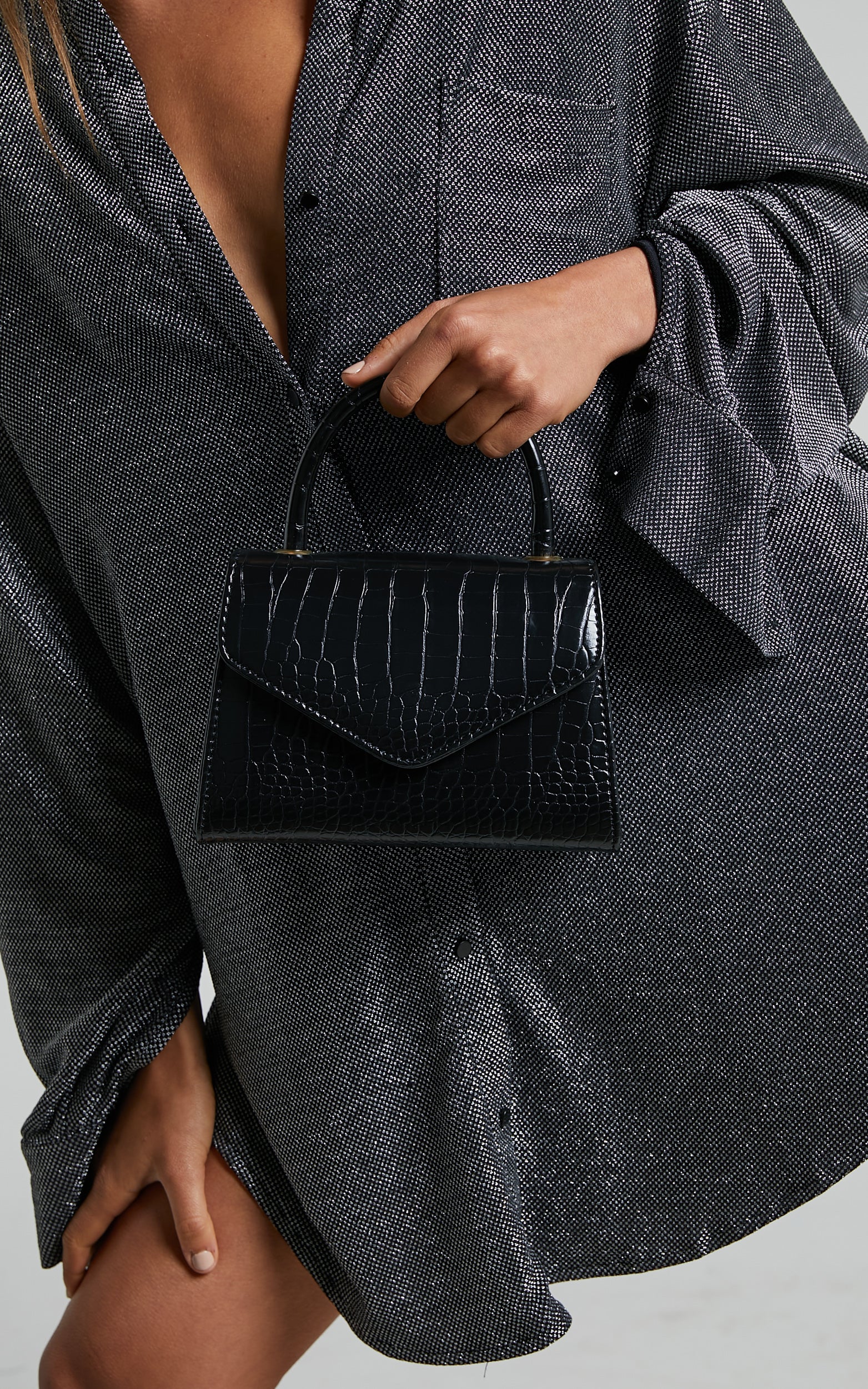 Marilou Bag - Croc Embossed Top Handle Crossbody Bag in Black - Image 5