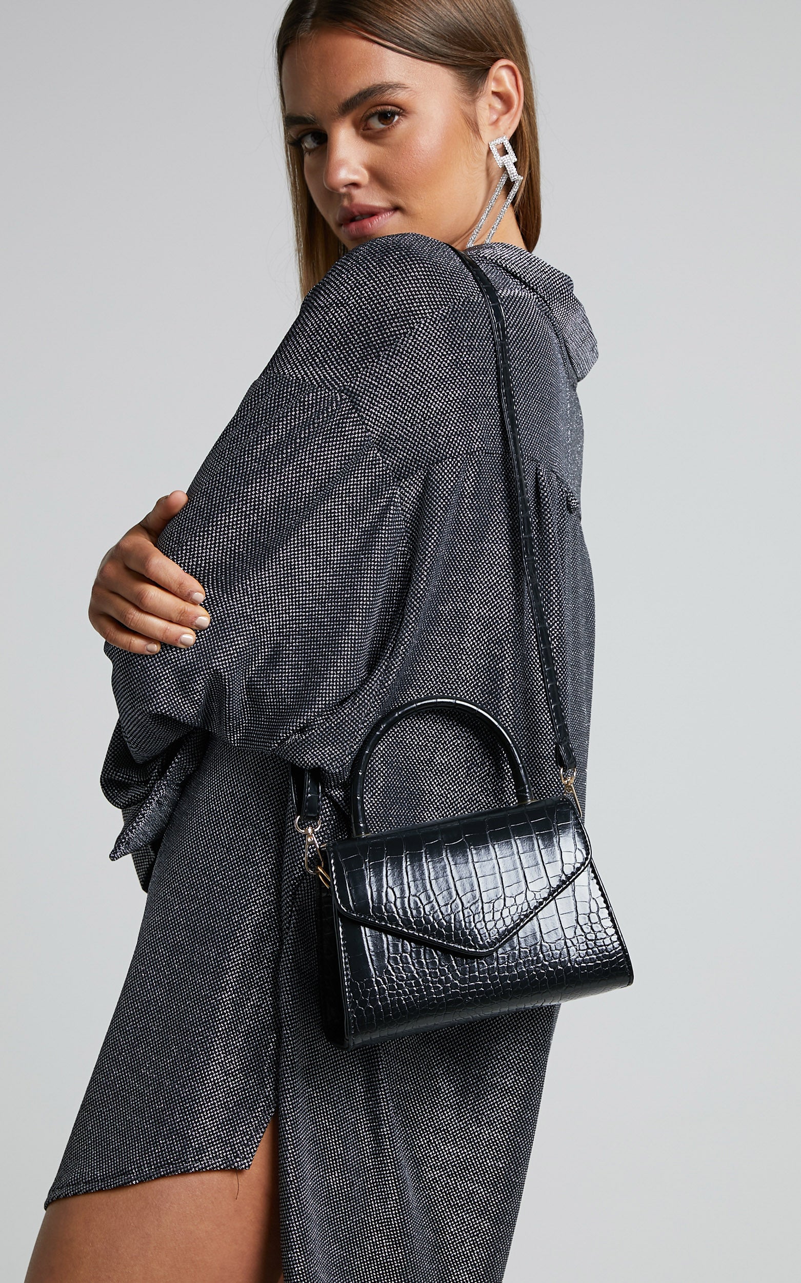 Marilou Bag - Croc Embossed Top Handle Crossbody Bag in Black - Image 6