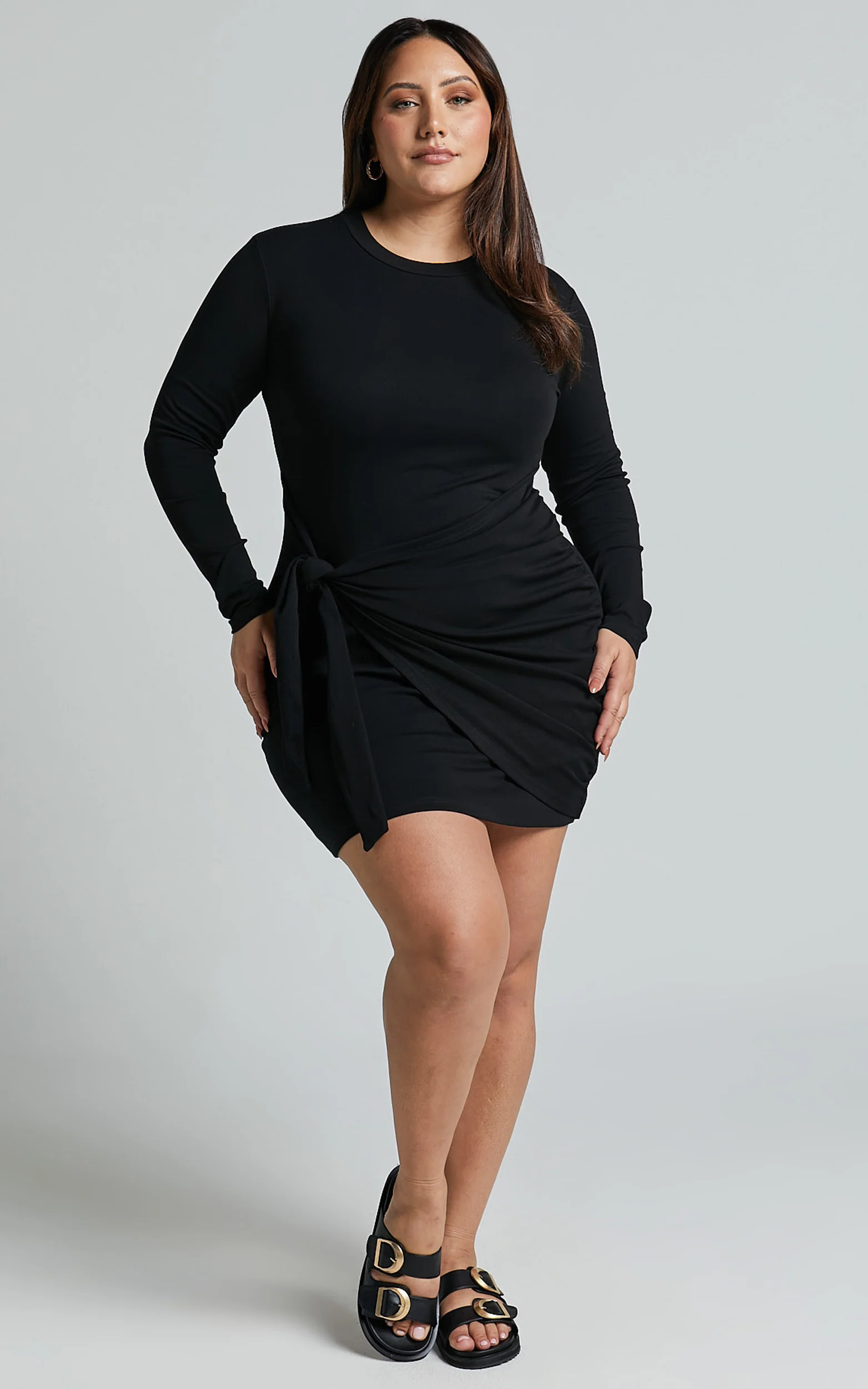 Marleen Mini Dress - Wrap Front Long Sleeve Bodycon Dress in Black - Image 4