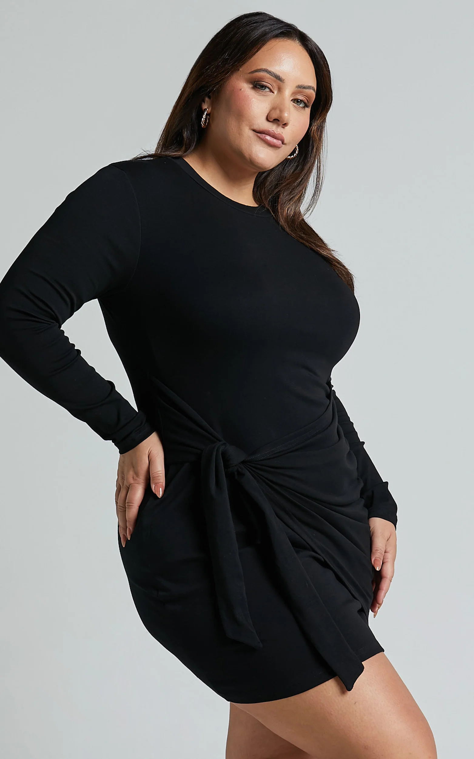 Marleen Mini Dress - Wrap Front Long Sleeve Bodycon Dress in Black - Image 7