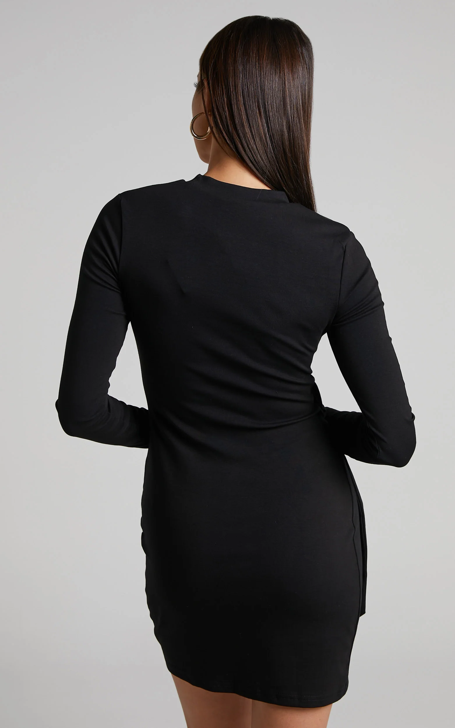 Marleen Mini Dress - Wrap Front Long Sleeve Bodycon Dress in Black - Image 8