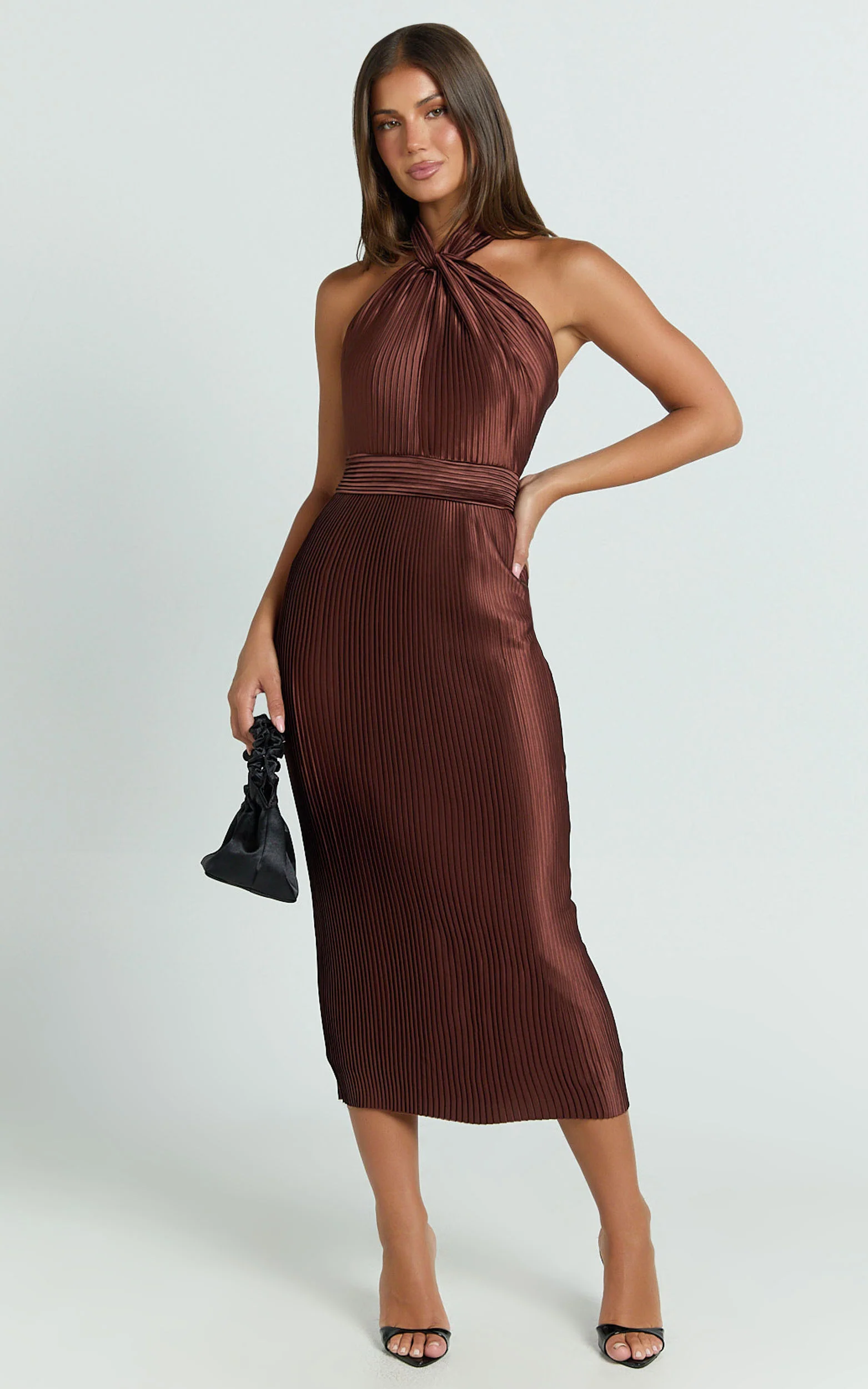 Marlette Midi Dress - Pleated Open Back Halter Dress in Chocolate - Image 3